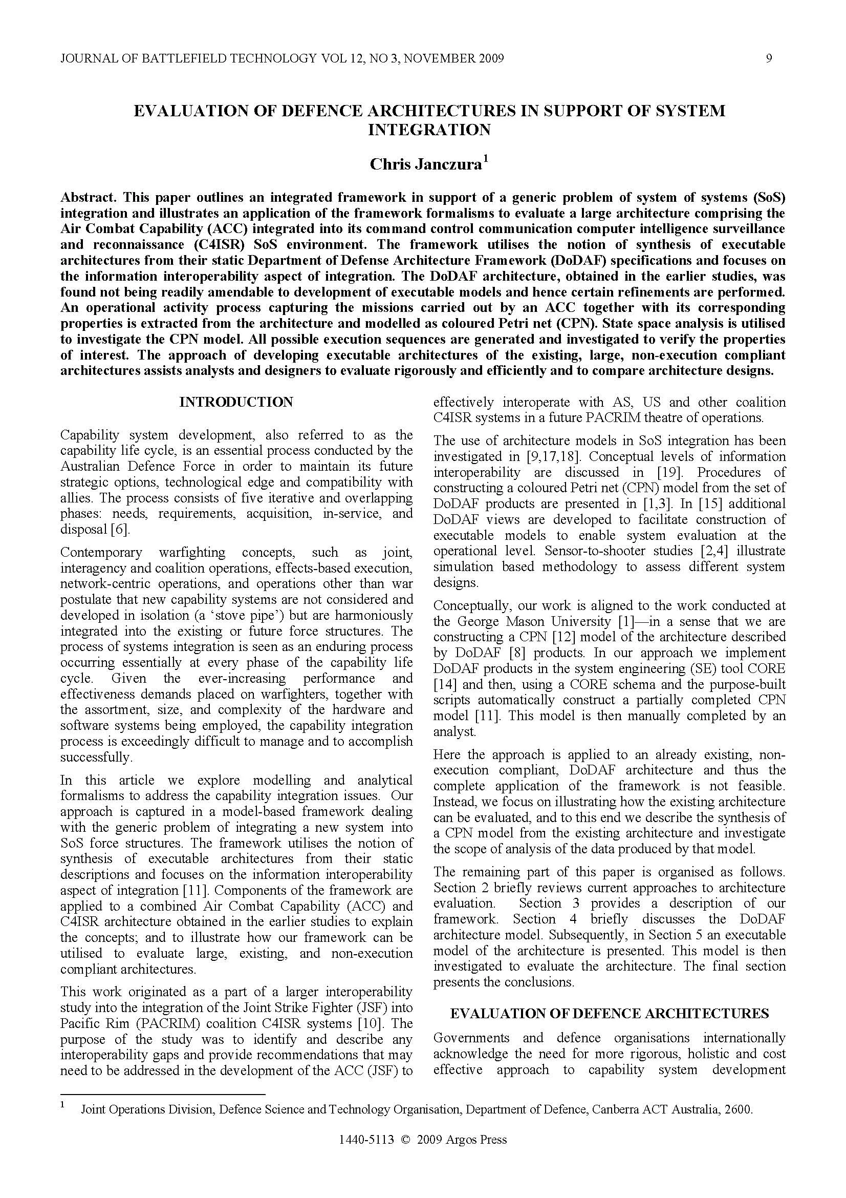 Evaluation of Defence Architectures in Support of System Integration