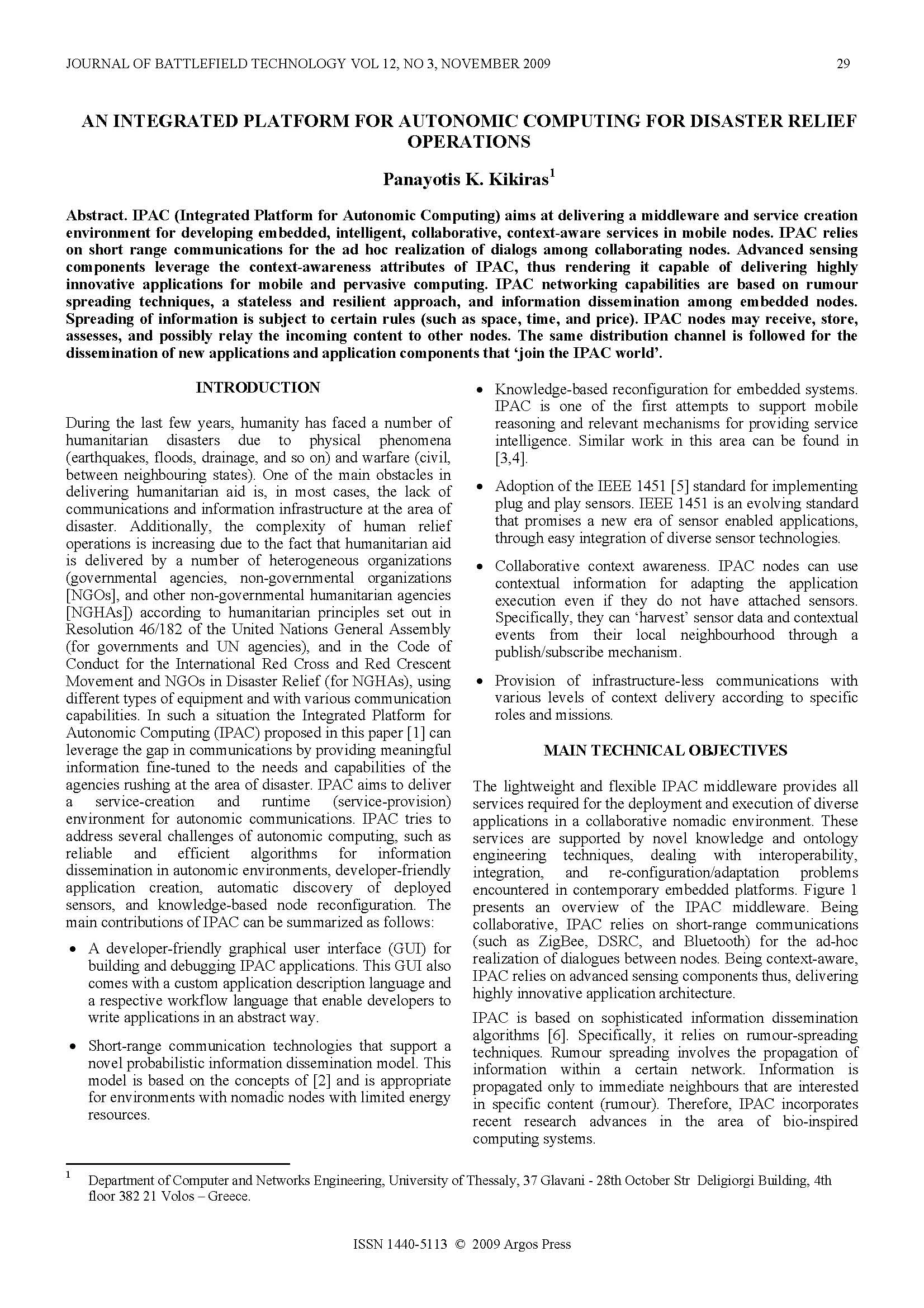 An Integrated Platform for Autonomic Computing for Disaster Relief Operations
