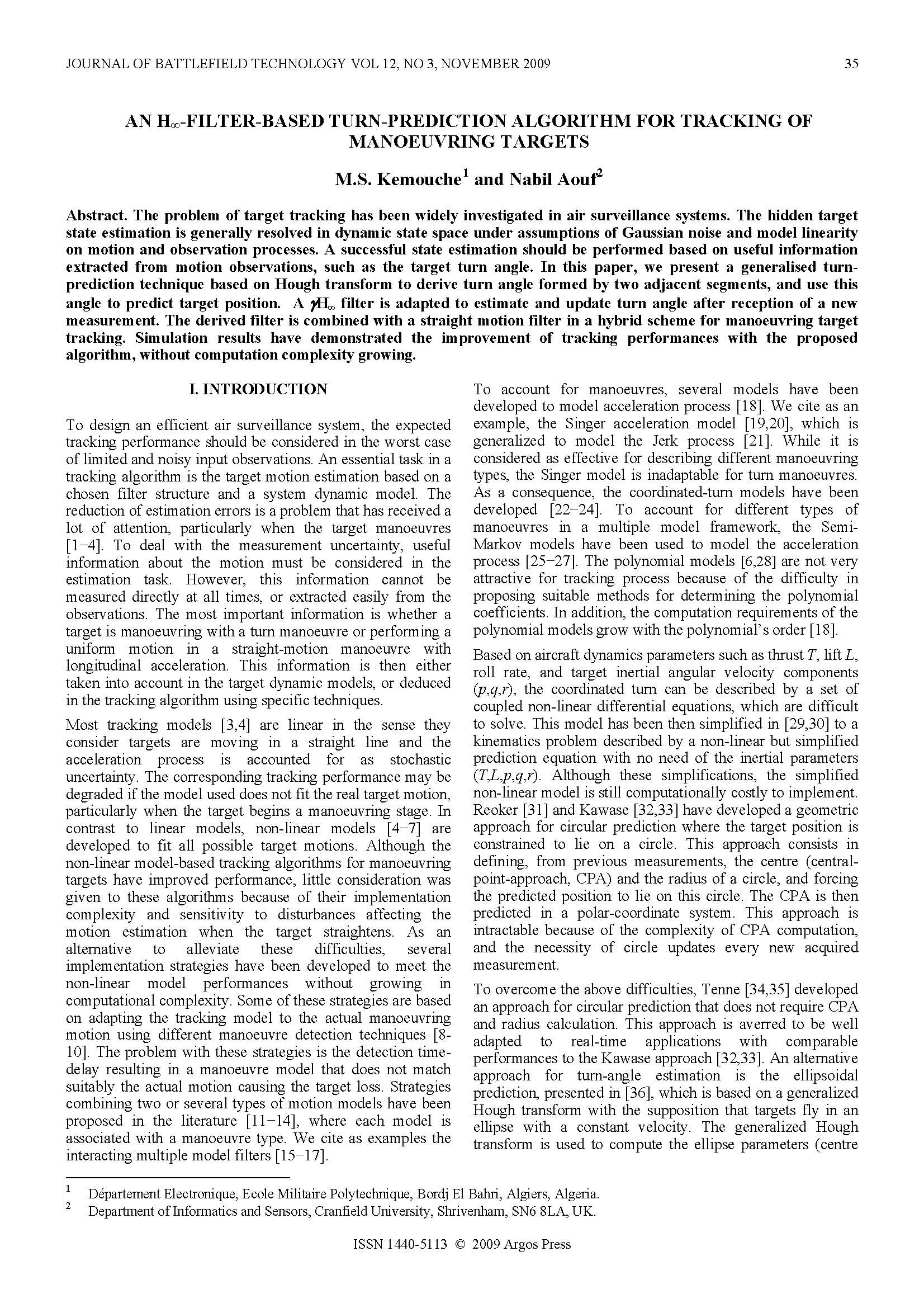 An H-infinity-Filter-Based Turn-Prediction Algorithm for Tracking of Manoeuvring Targets