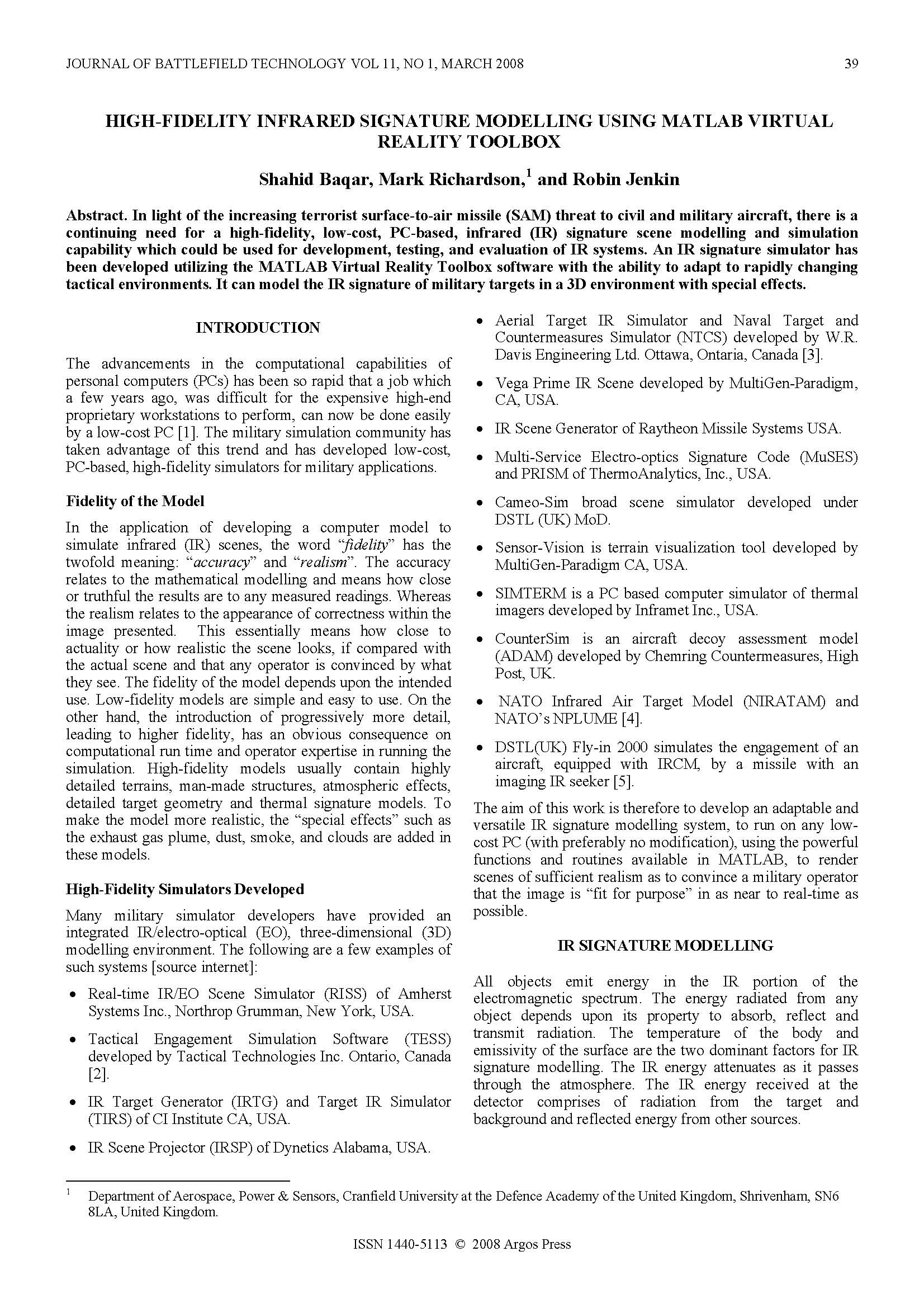 High-Fidelity Infrared Signature Modelling Using Matlab Virtual Reality Toolbox