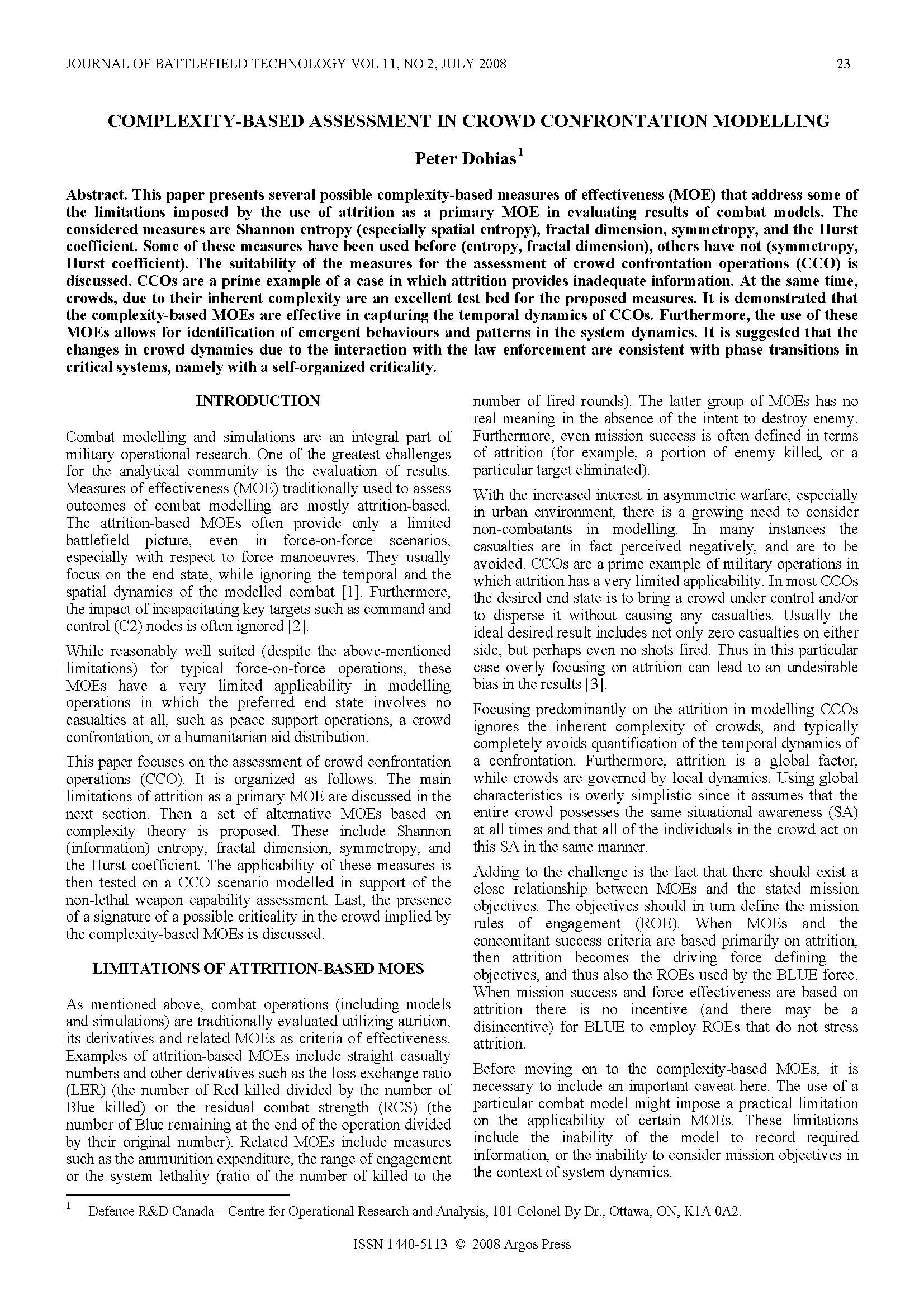 Complexity-Based Assessment in Crowd Confrontation Modelling