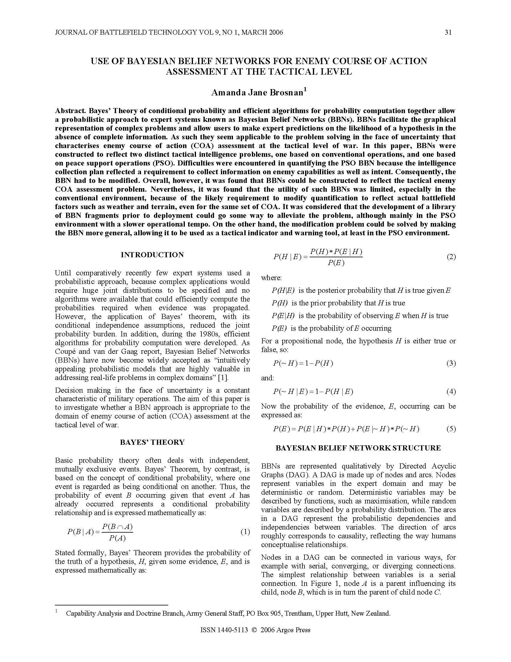 Use of Bayesian Belief Networks for Enemy Course of Action Assessment at the Tactical Level
