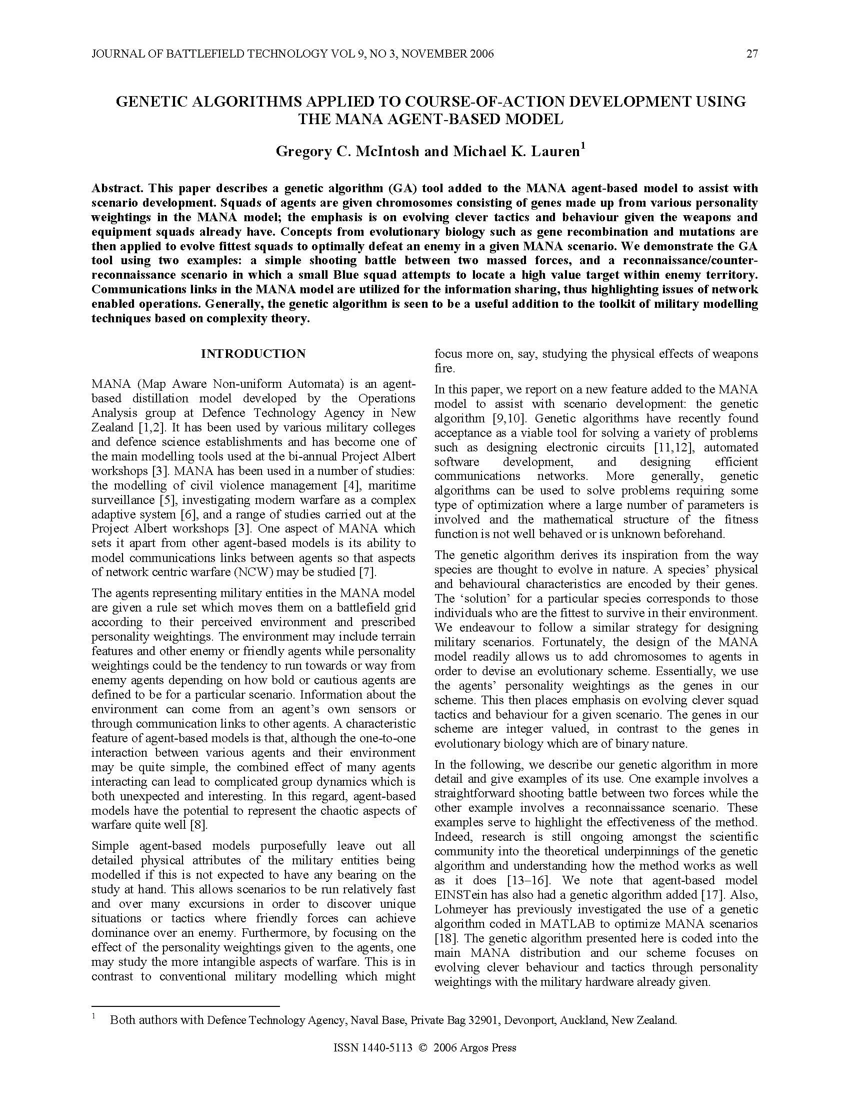 Genetic Algorithms Applied to Course-Of-Action Development Using The Mana Agent-Based Model