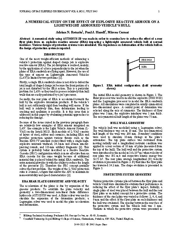 A Numerical Study on The Effect Of Explosive Reactive Armour on a Lightweight Armoured Vehicle's Hull
