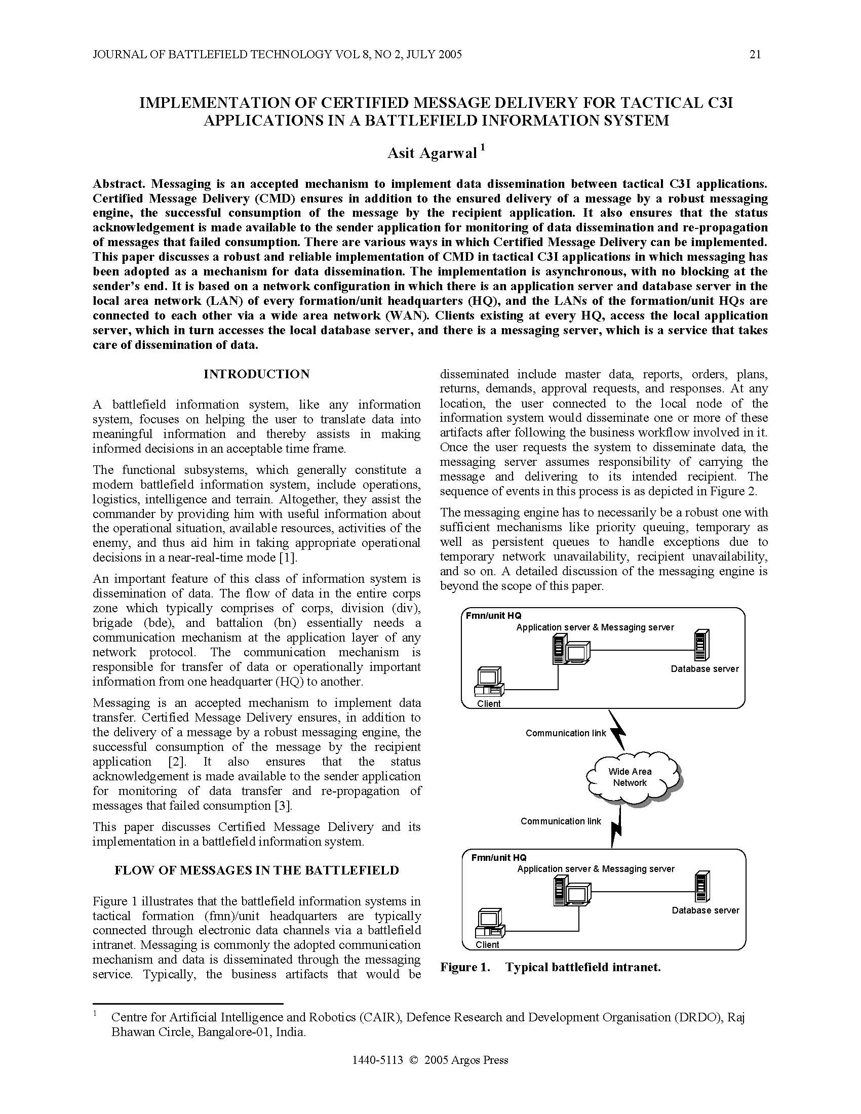 Implementation of Certified Message Delivery for Tactical C3I Applications in a Battlefield Information System