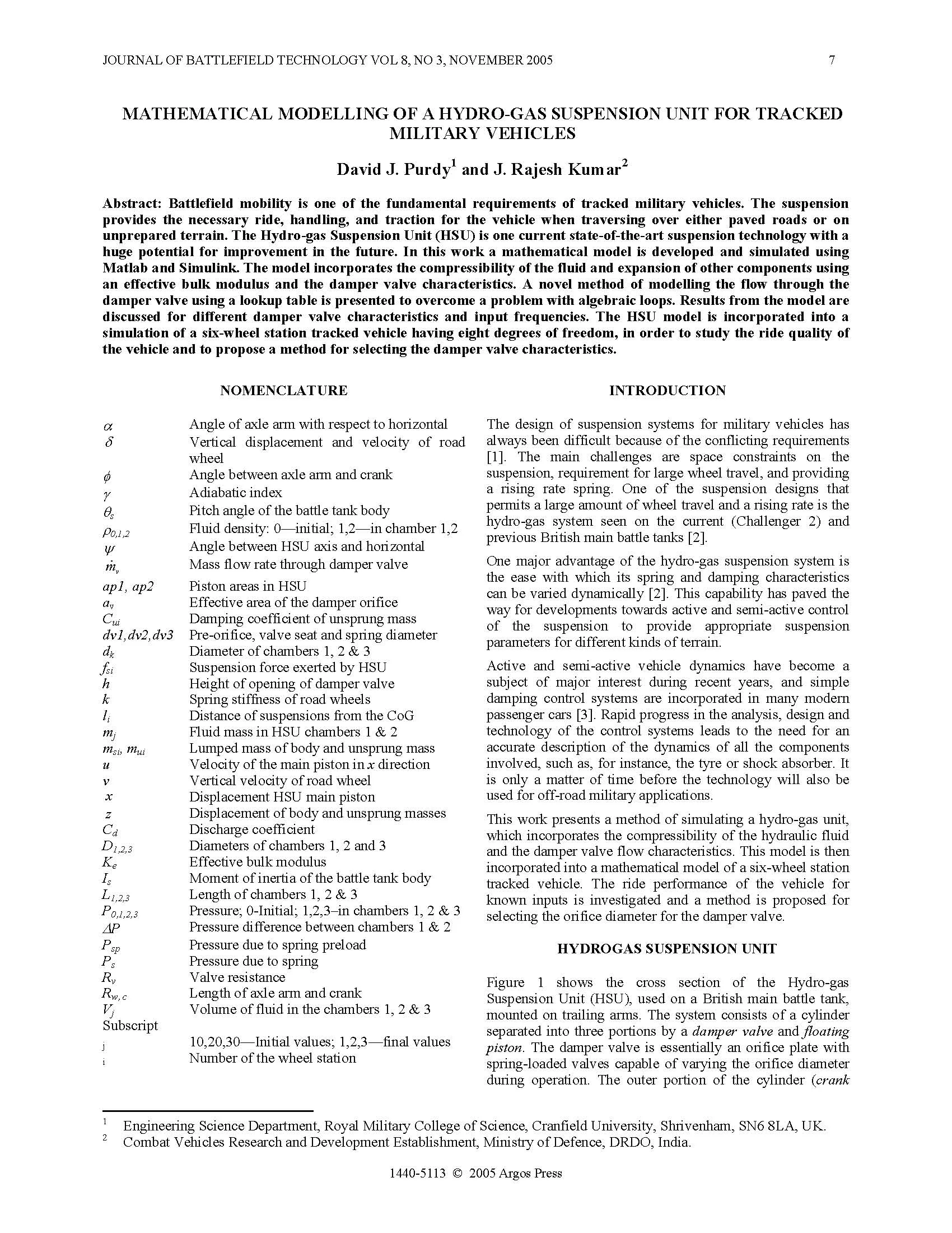 Title: Mathematical Modelling of a Hydro-Gas Suspension Unit for Tracked Military Vehicles