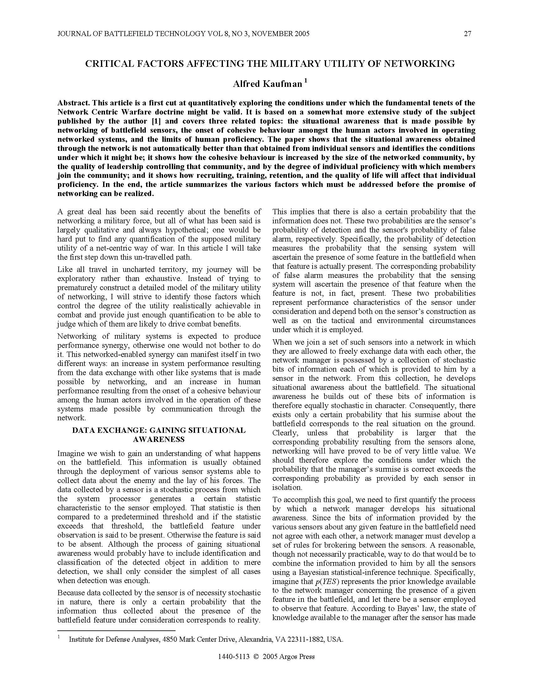 Critical Factors Affecting the Military Utility of Networking