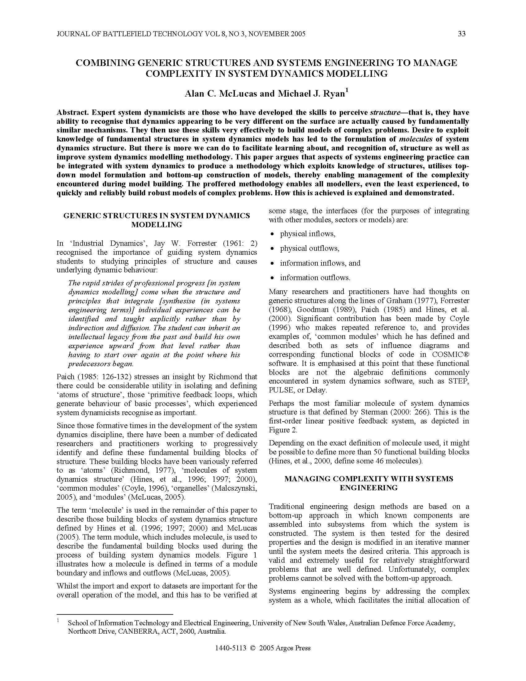 Combining Generic Structures and Systems Engineering to Manage Complexity in System Dynamics Modelling