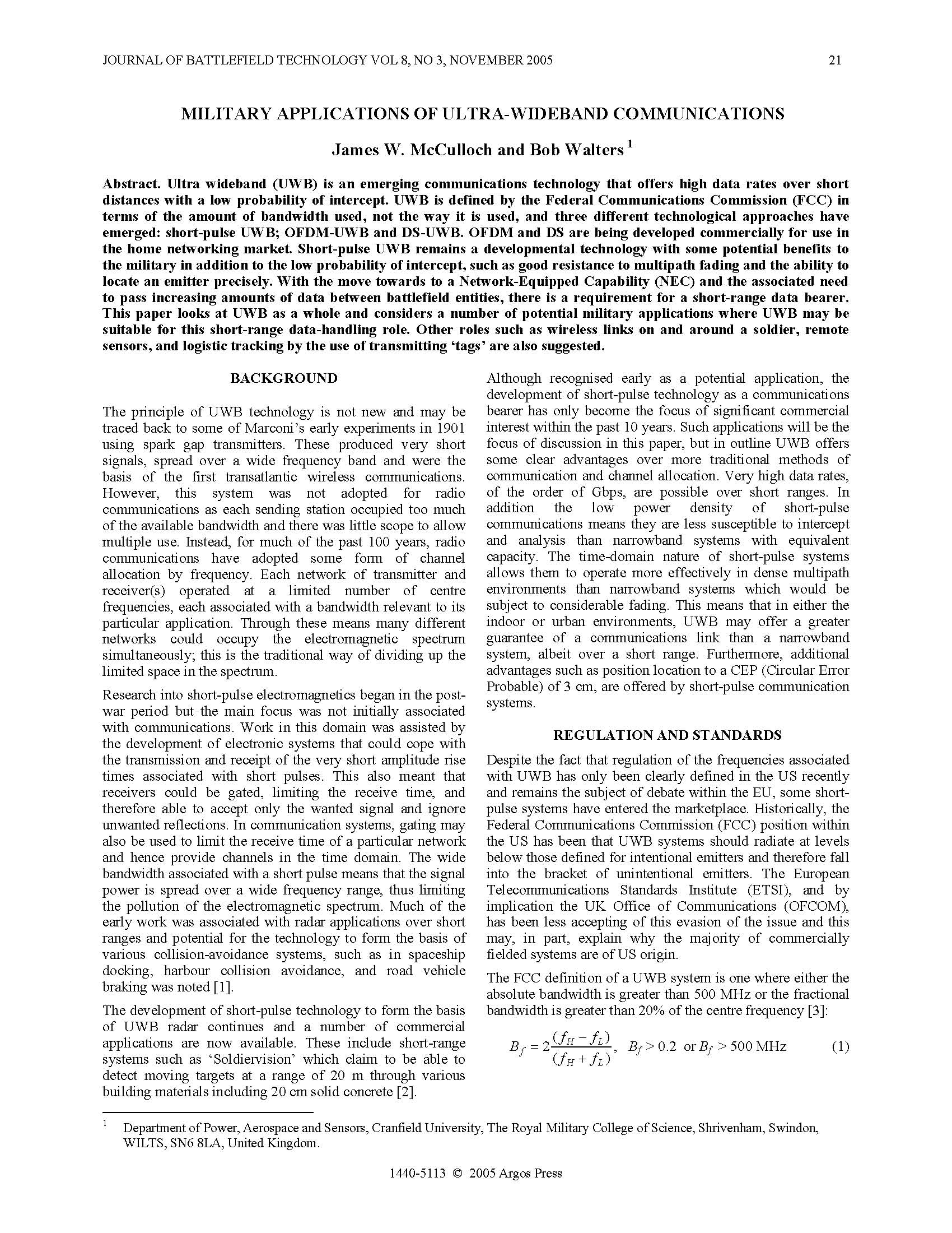 Military Applications of Ultra-Wideband Communications