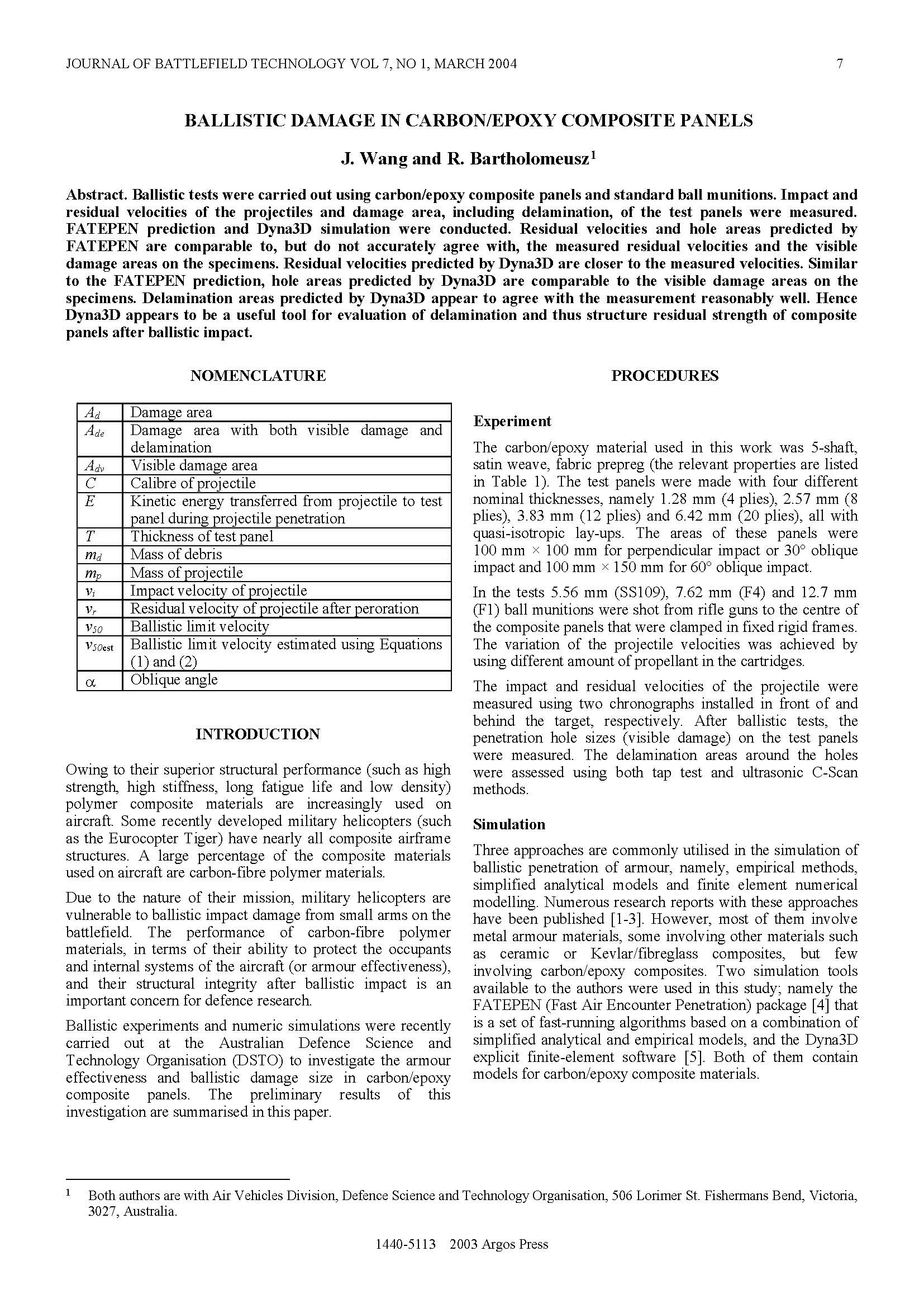 Ballistic Damage in Carbon/Epoxy Composite Panels