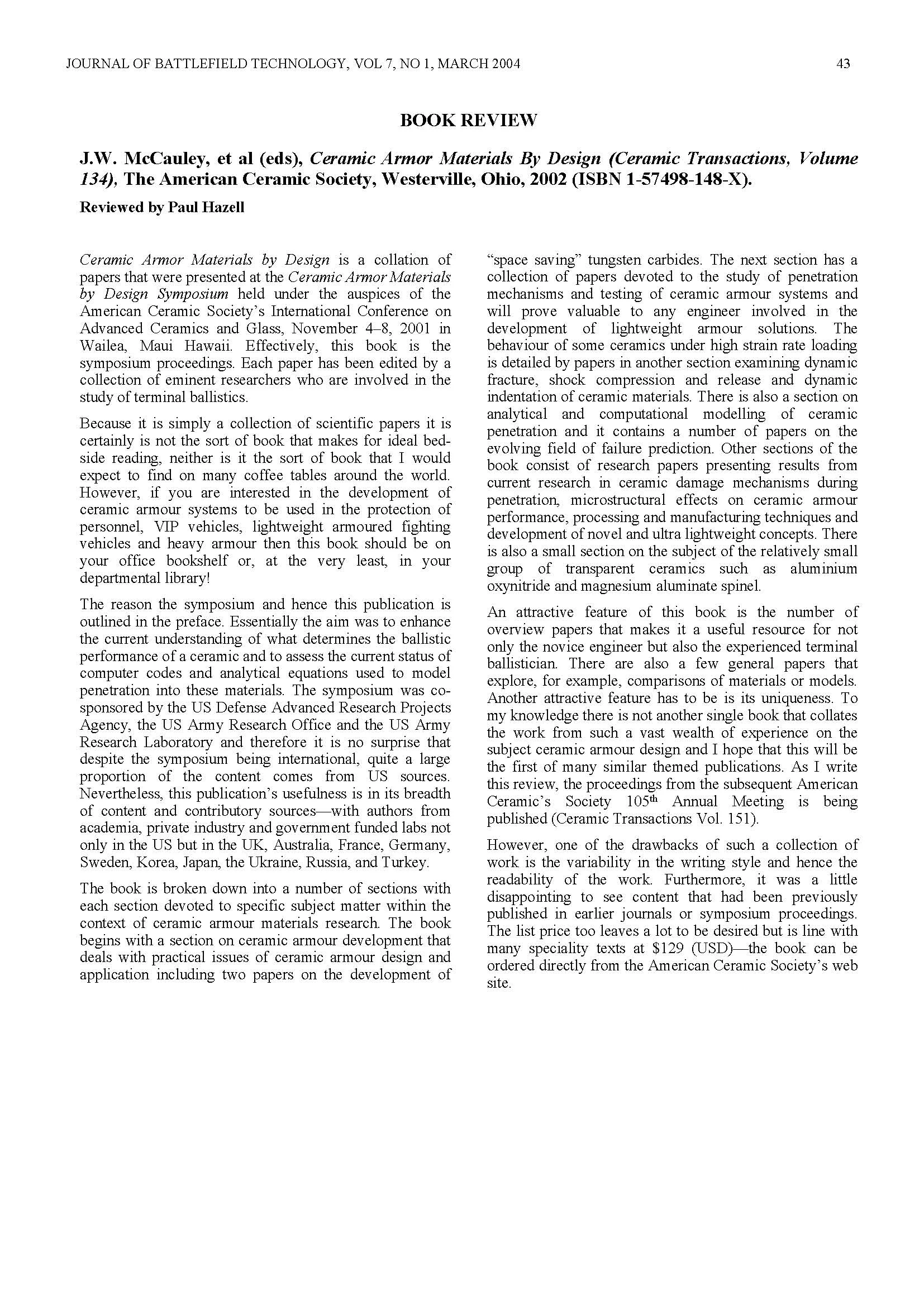 A Review: Ceramic Armour Materials By Design (Ceramic Transactions, Volume 134)