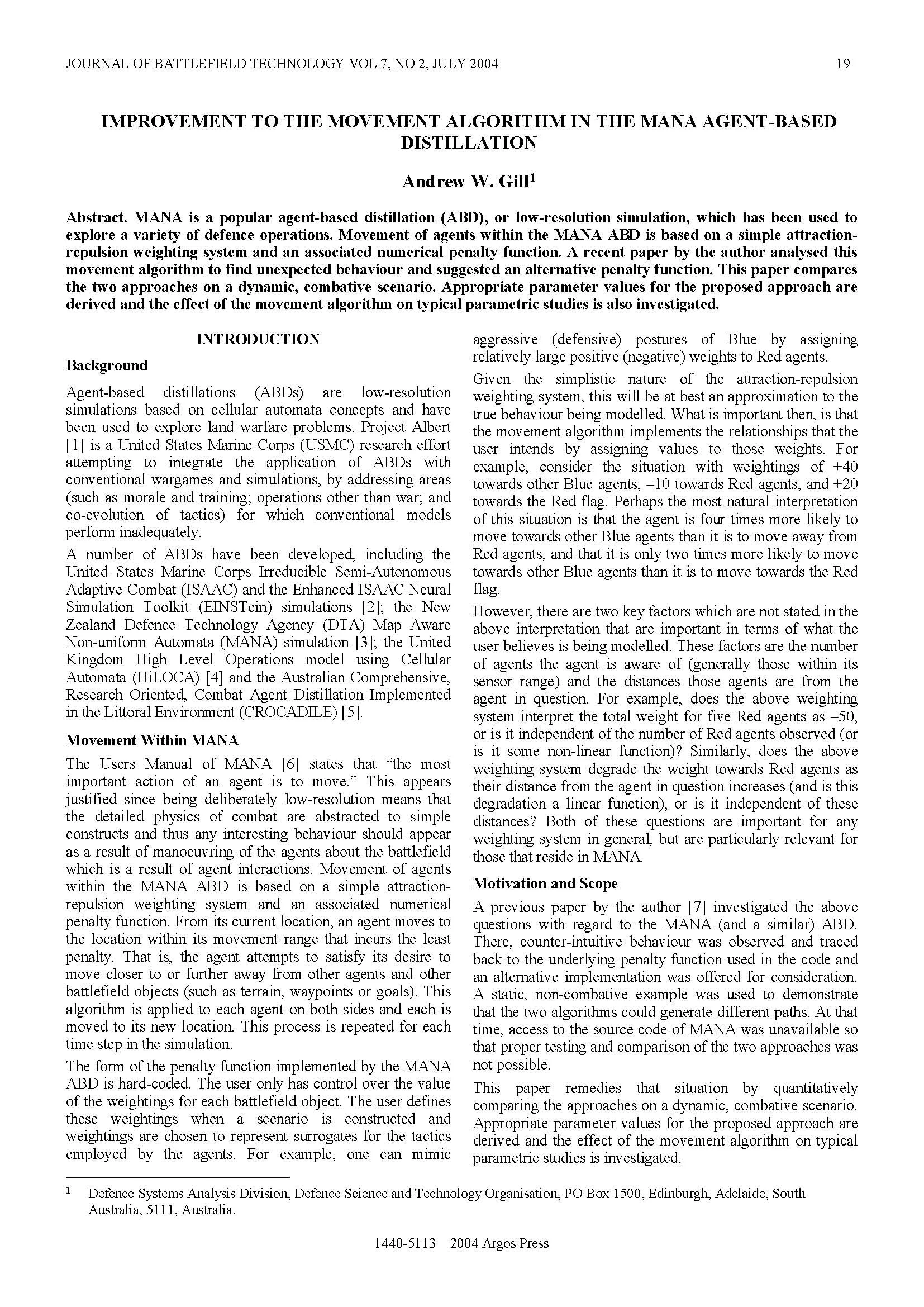 Improvement to the Movement Algorithm in the MANA Agent-based Distillation