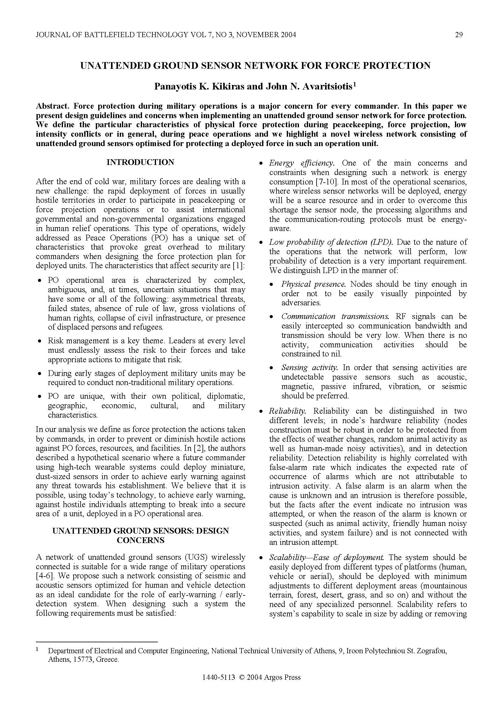 Unattended Ground Sensor Network for Force Protection