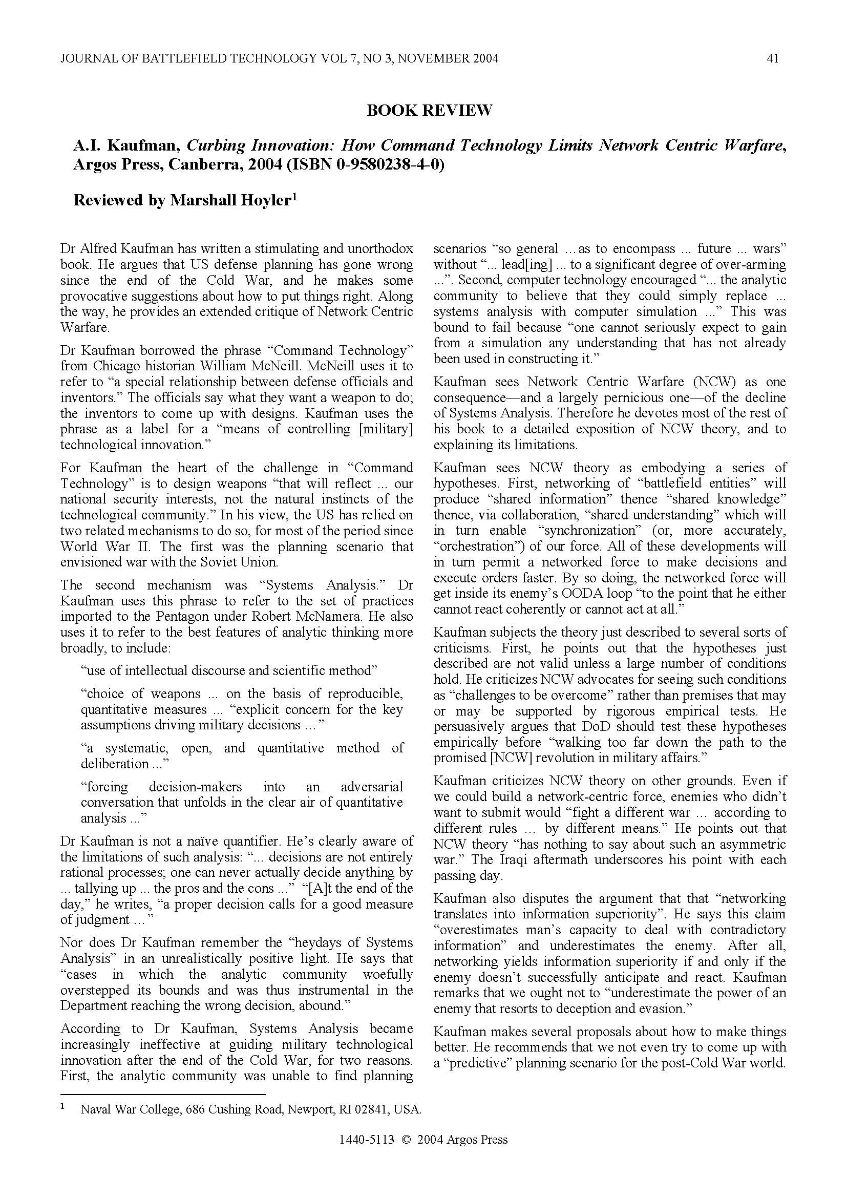 Curbing Innovation: How Command Technology Limits Network Centric Warfare