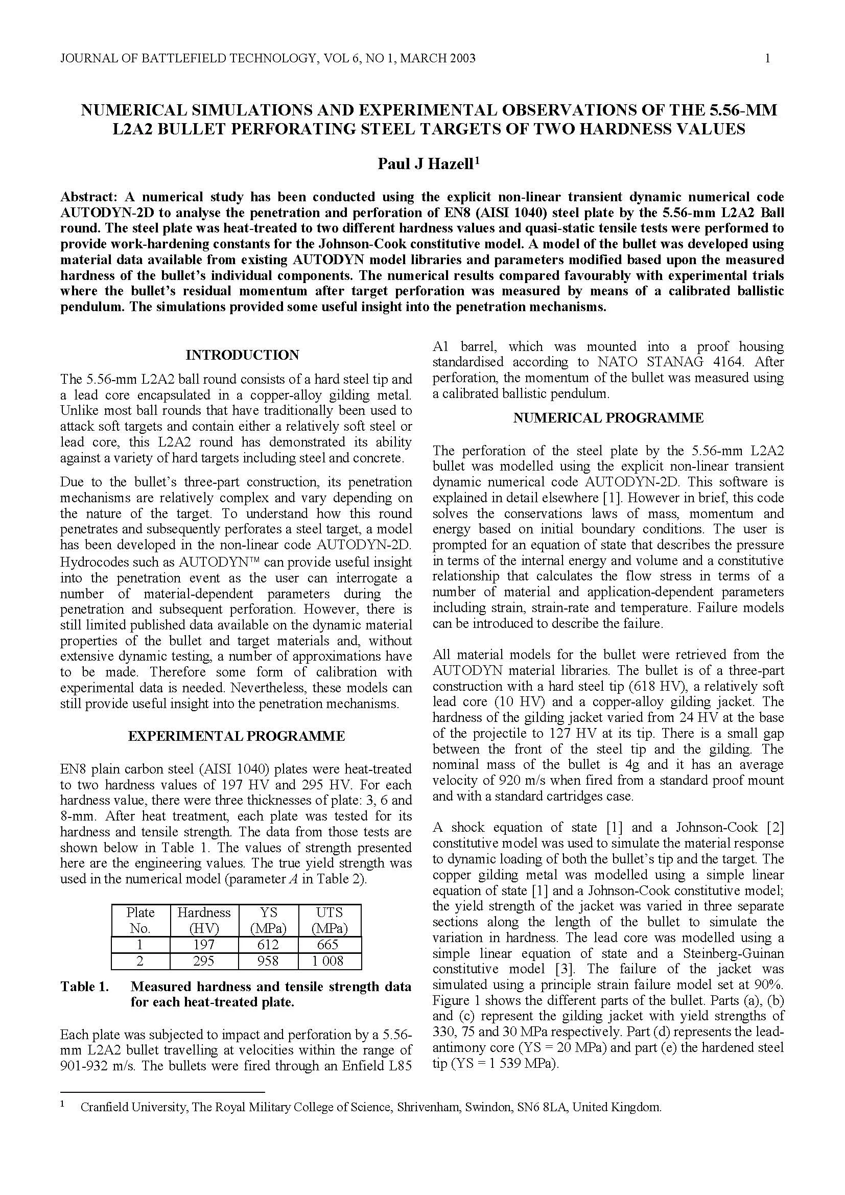 Numerical Simulations and Experimental Observations of the 5.56-Mm L2A2 Bullet Perforating Steel Targets of Two Hardness Values