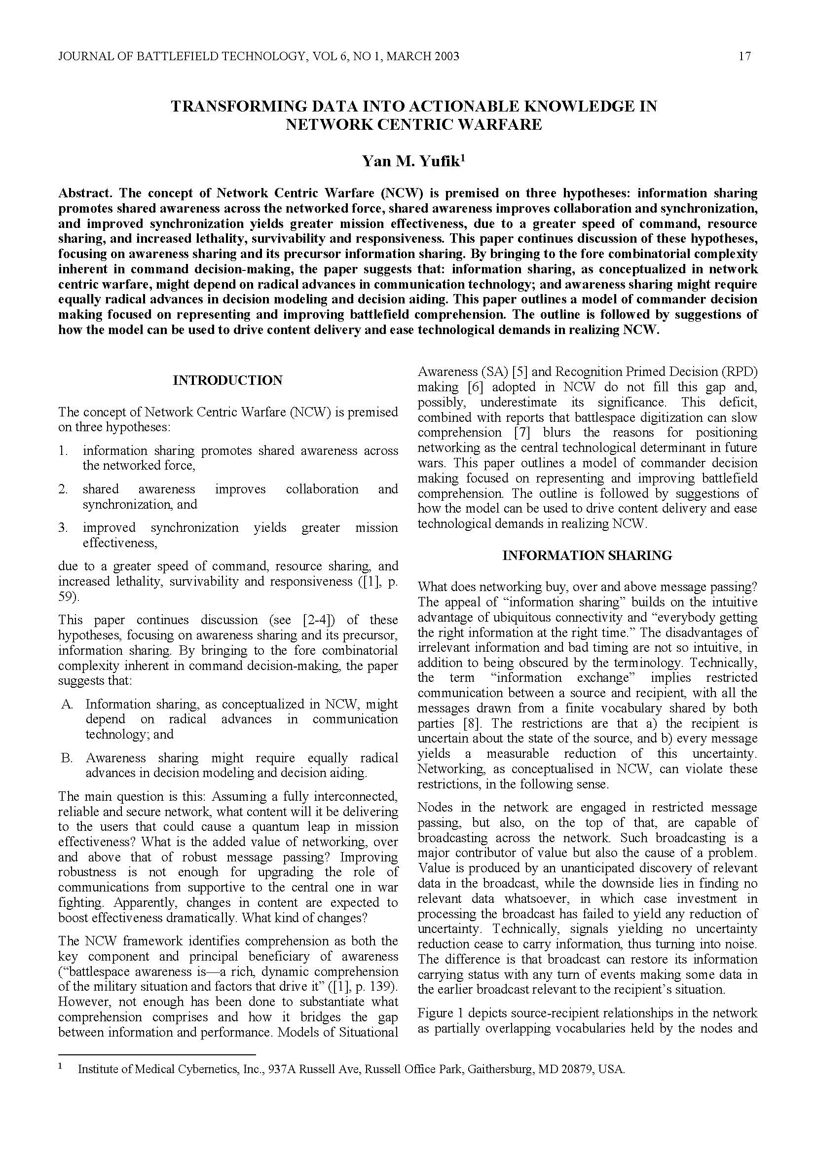 Transforming Data Into Actionable Knowledge In Network Centric Warfare