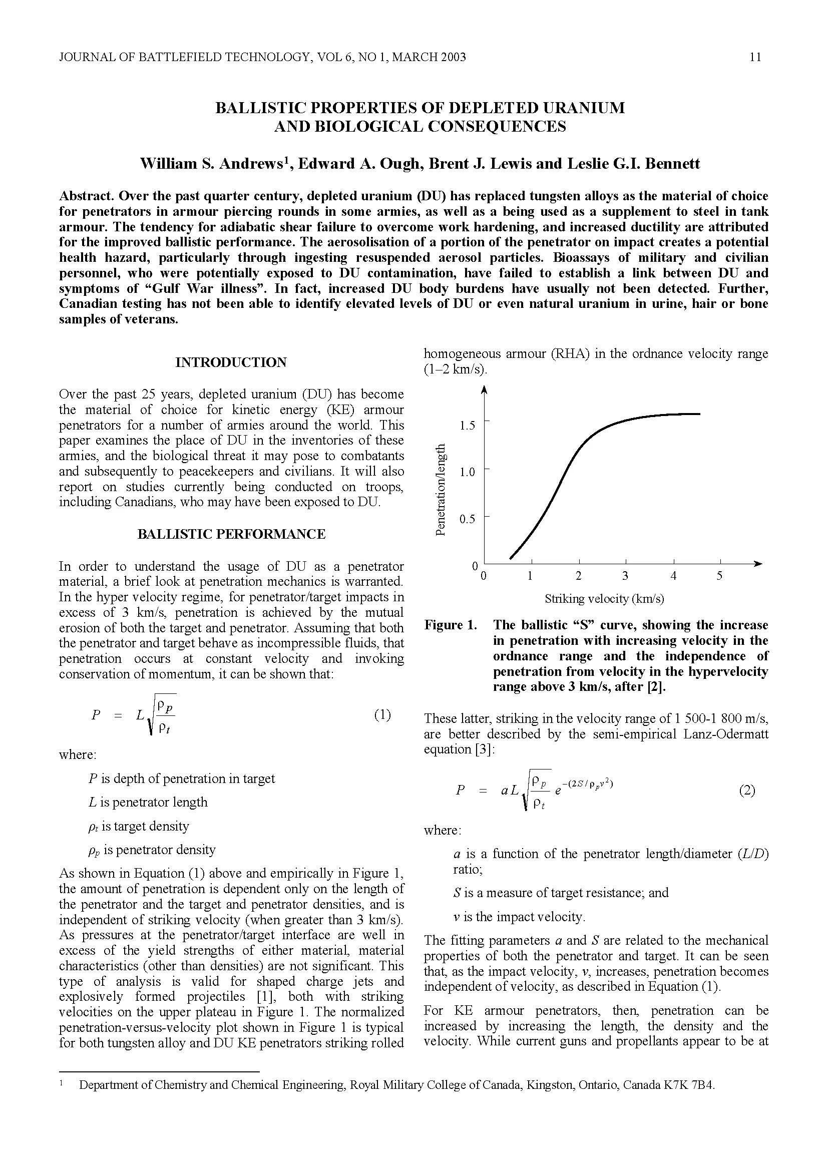 Ballistic Properties of Depleted Uranium and Biological Consequences