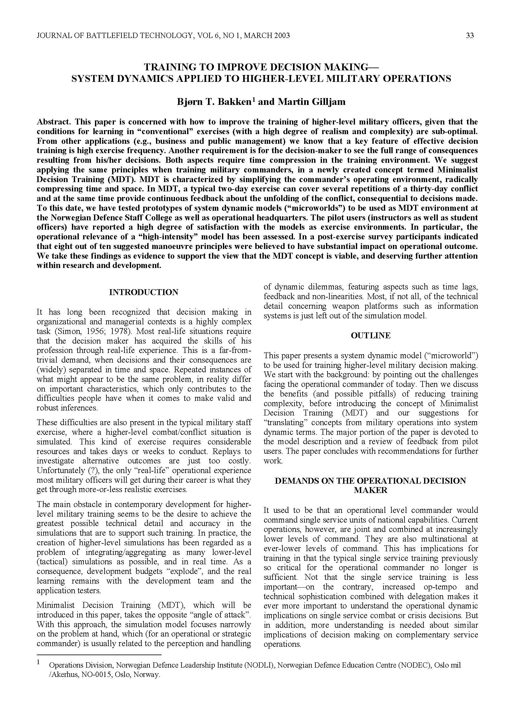 Training to Improve Decision Making System Dynamics Applied to Higher-Level Military Operations