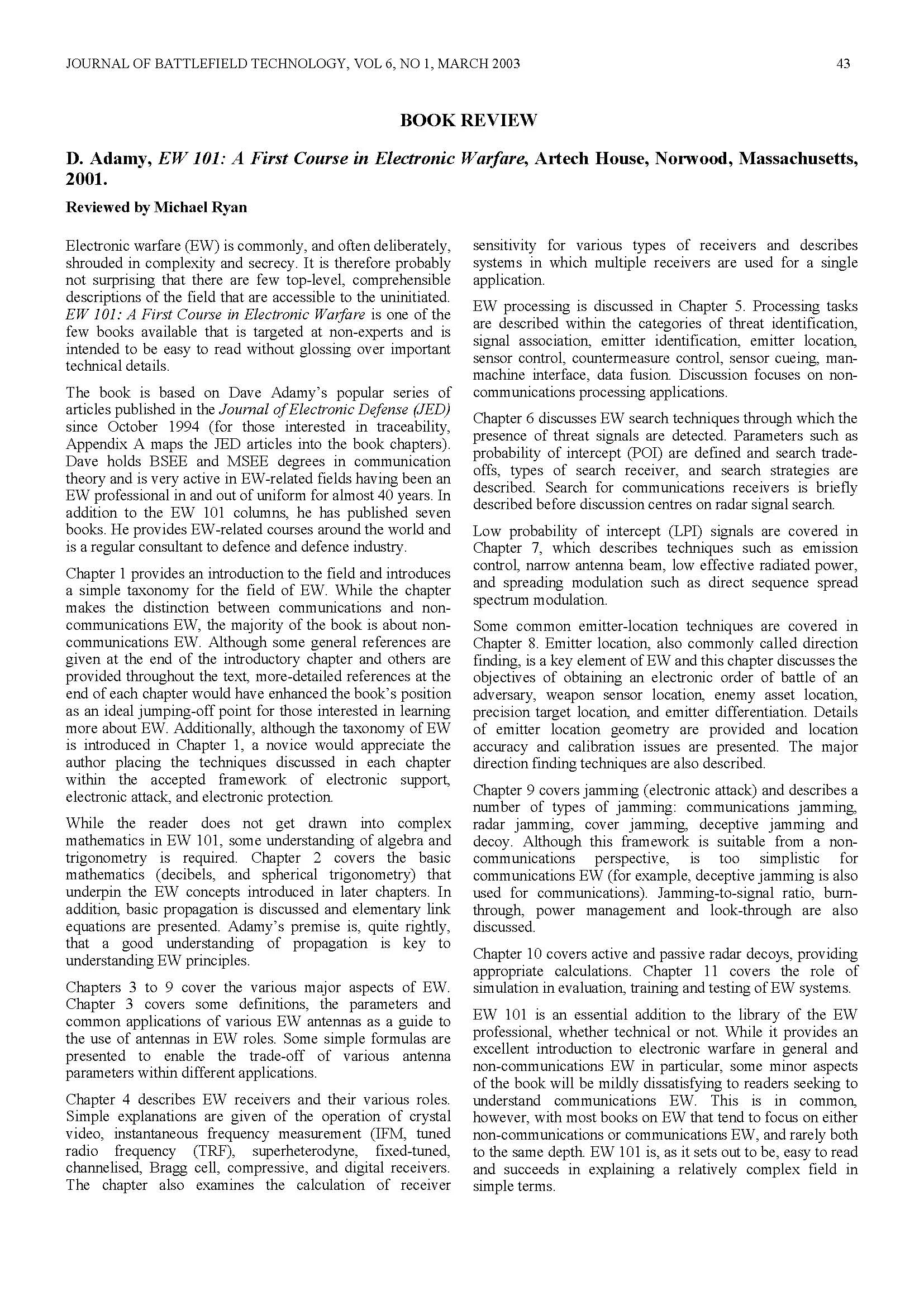 A Review - EW 101: A First Course in Electronic Warfare