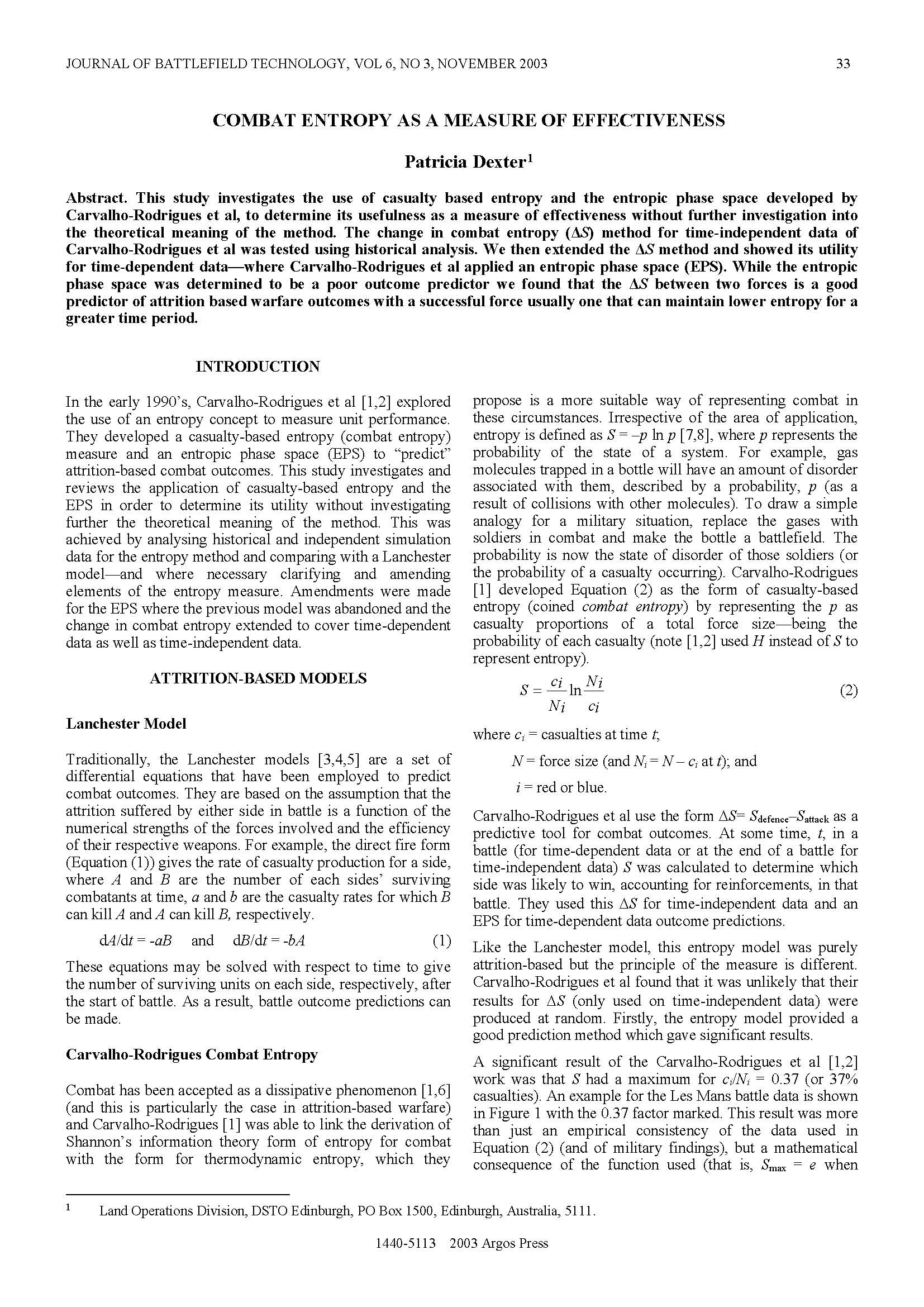 Combat Entropy as a Measure of Effectiveness