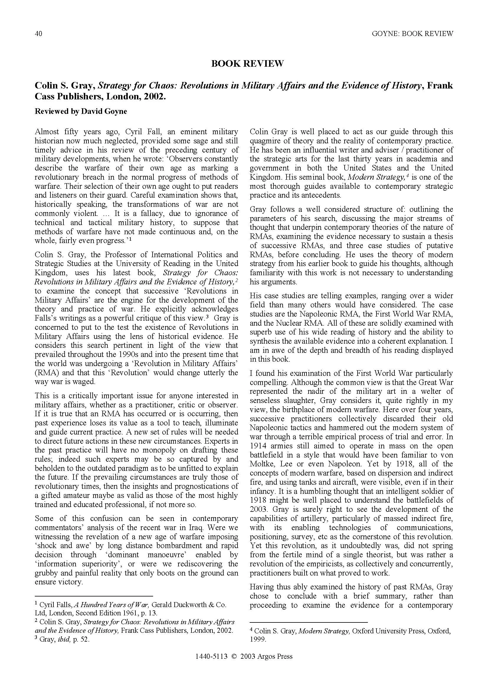 A Review - Strategy for Chaos: Revolutions in Military Affairs and the Evidence of History