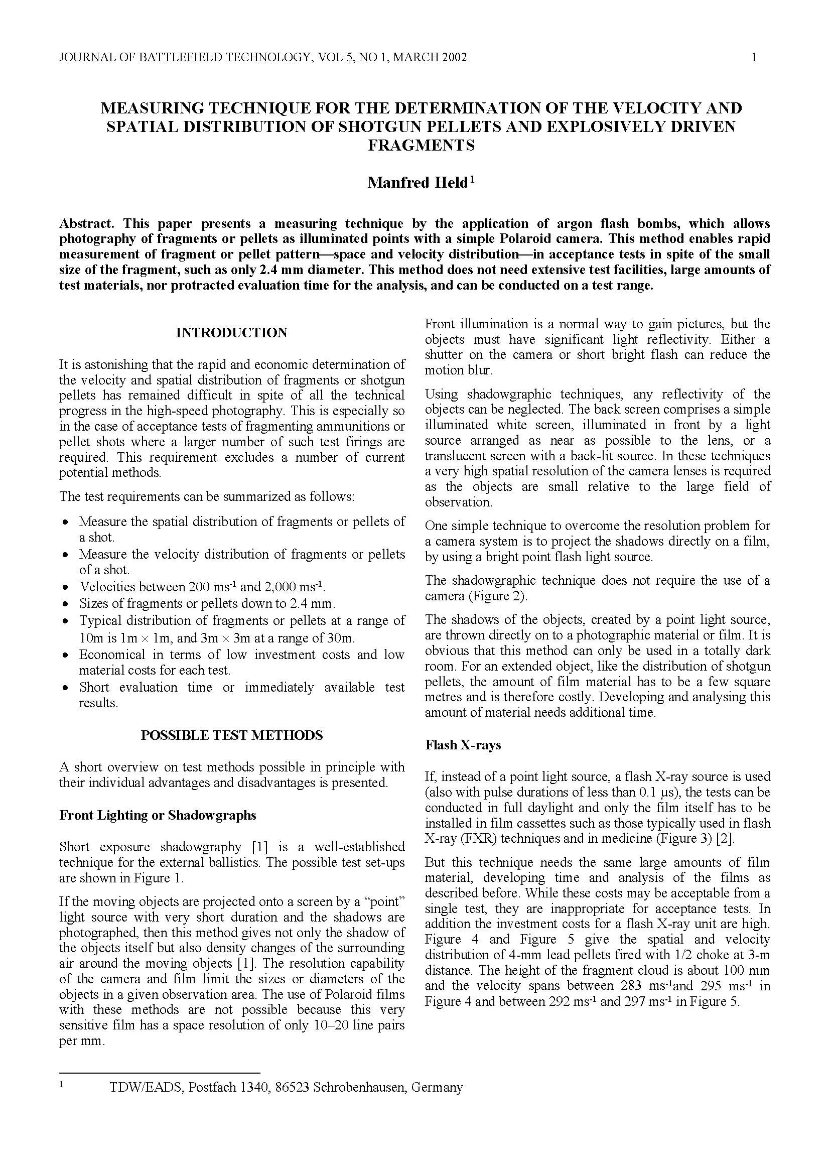 Measuring Technique for the Determination of the Velocity and Spatial Distribution of Shotgun Pellets and Explosively Driven Fragments