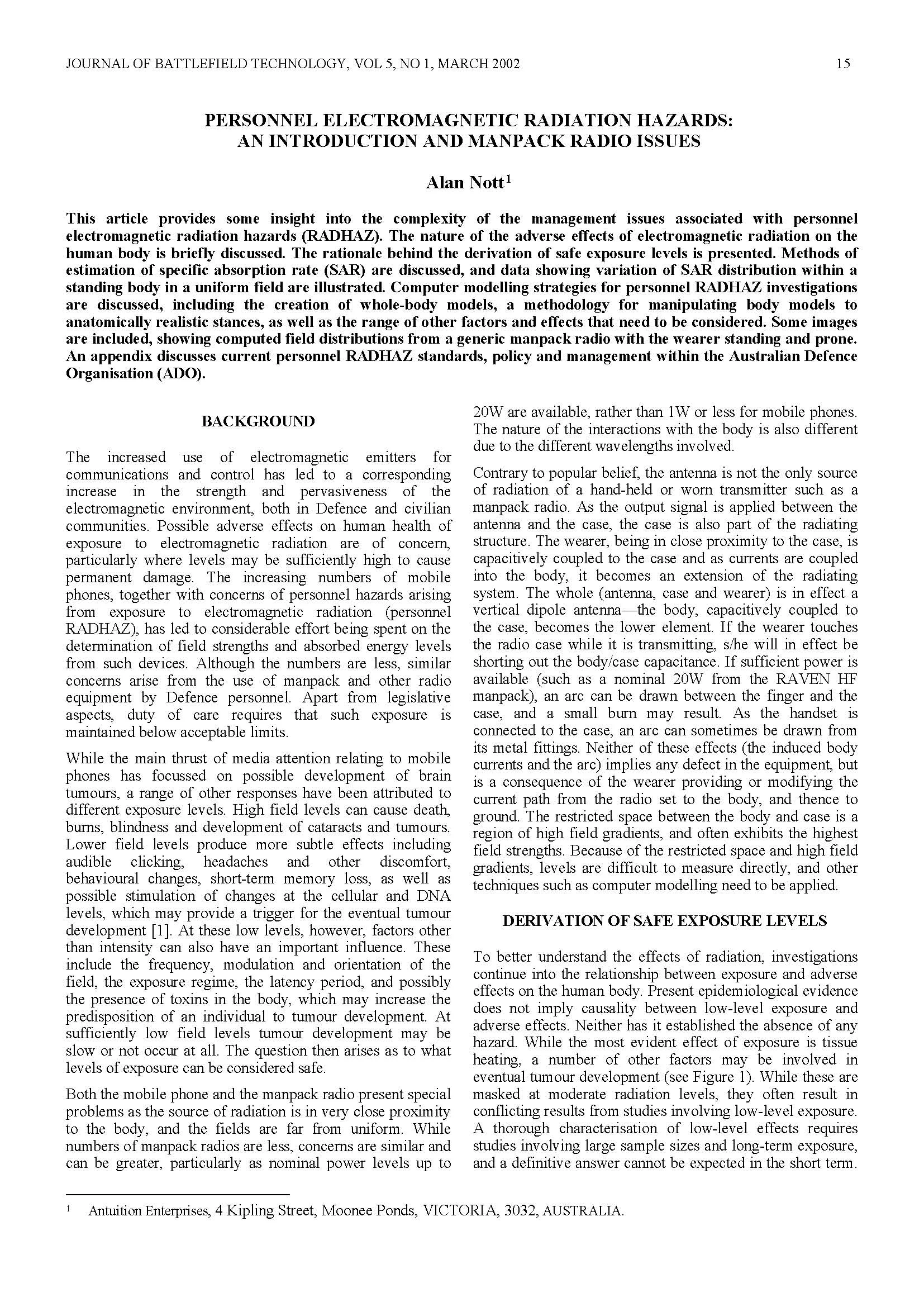 Personnel Electromagnetic Radiation Hazards: An Introduction and Manpack Issues