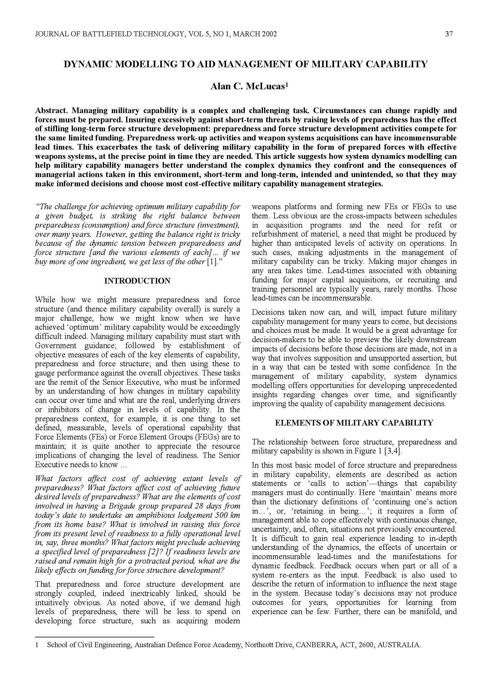 Dynamic Modelling to Aid Management of Military Capability