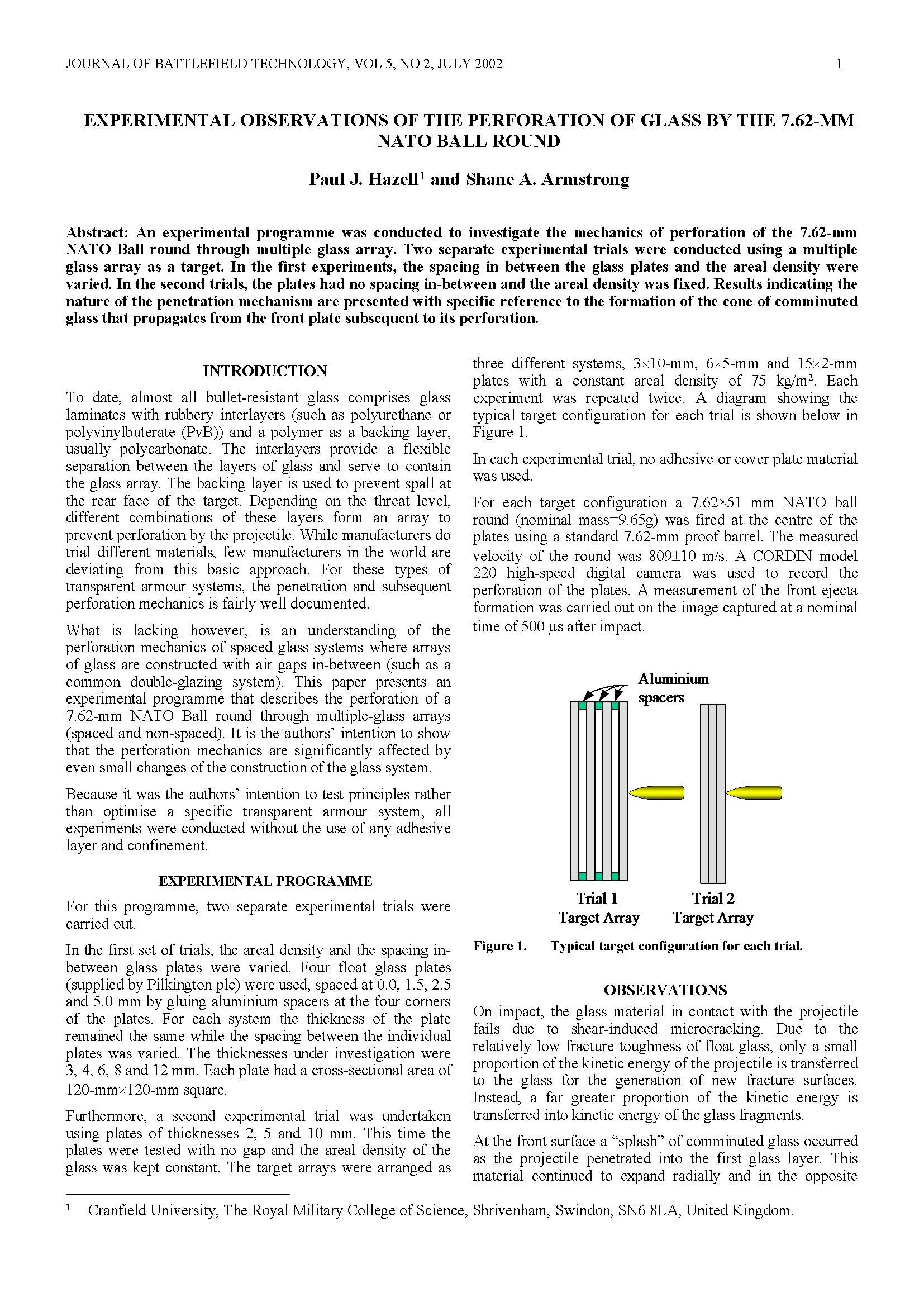 Experimental Observations of the Perforation of Glass by the 7.62-mm NATO Ball Round