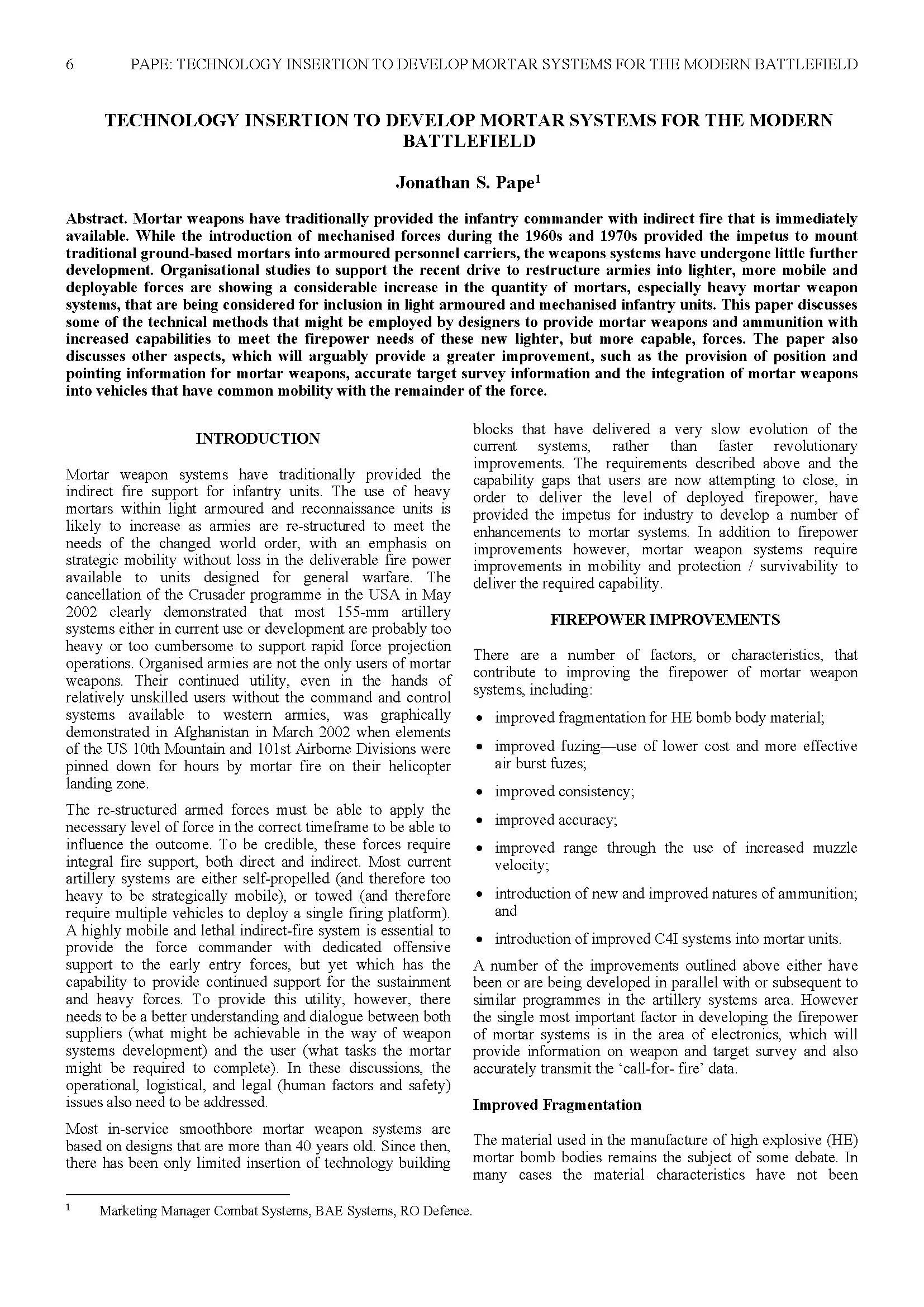 Technology Insertion to Develop Mortar Systems for the Modern Battlefield