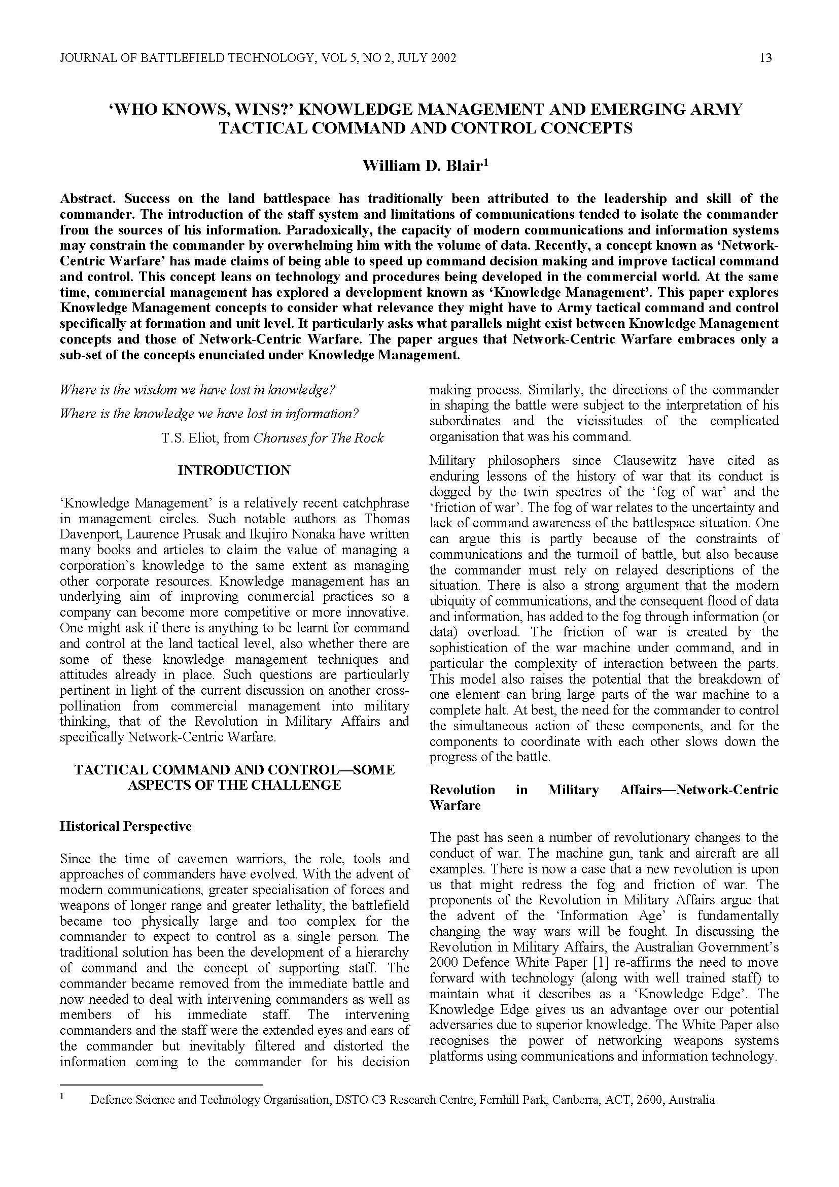 'Who Knows, Wins?' Knowledge Management and Emerging Army Tactical Command and Control Concepts