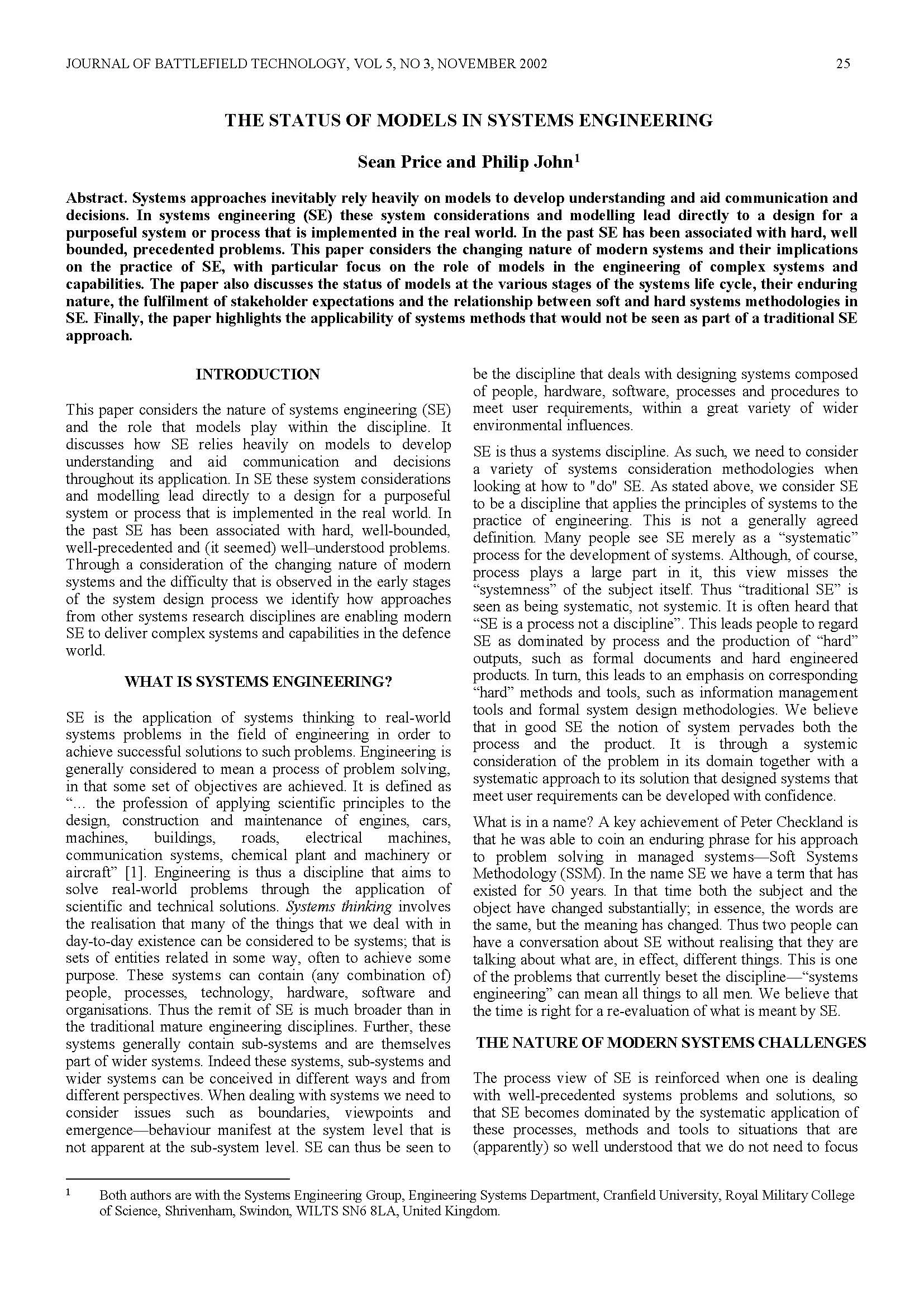 The Status of Models in Systems Engineering