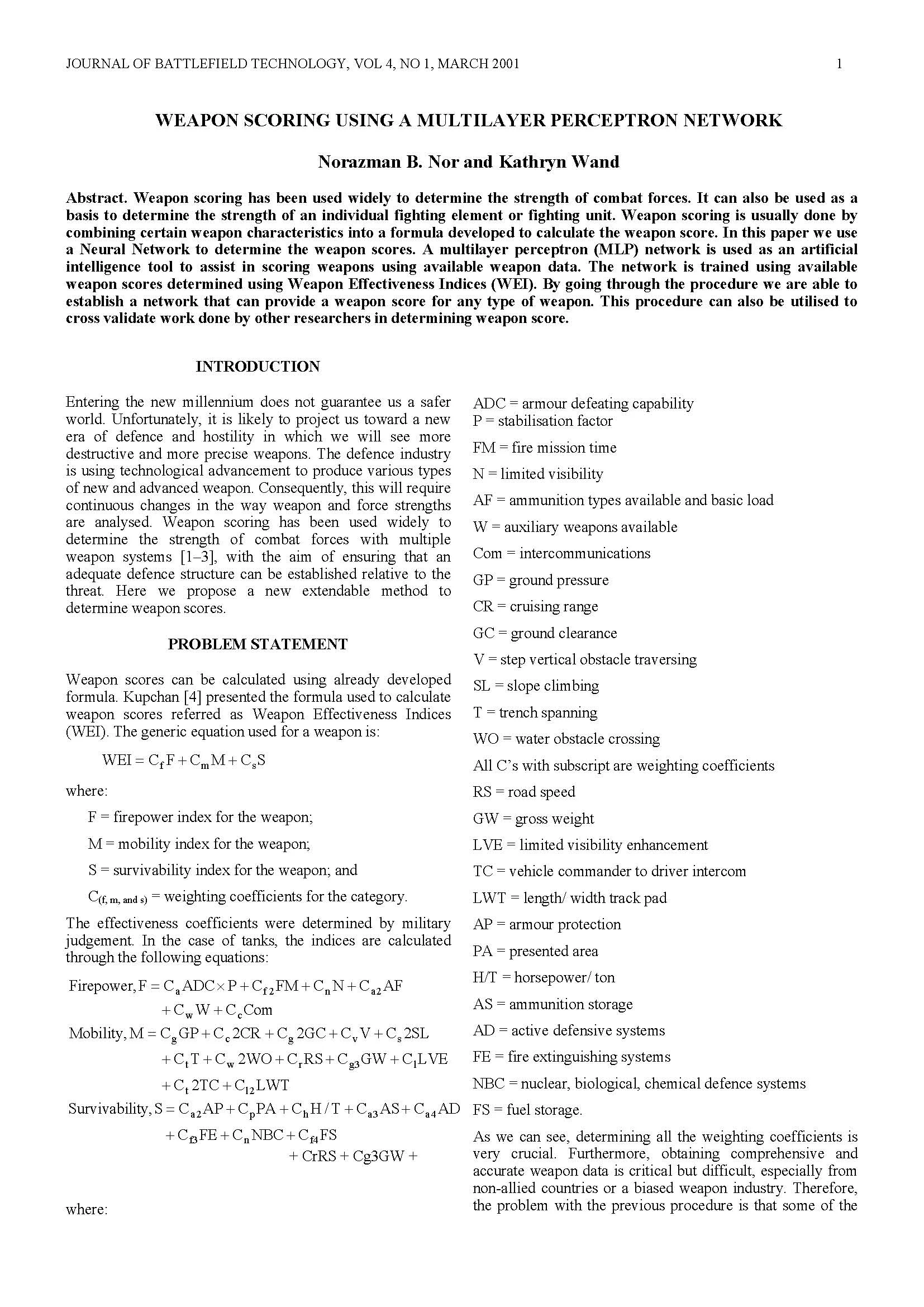 Weapon Scoring Using a Multilayer Perceptron Network