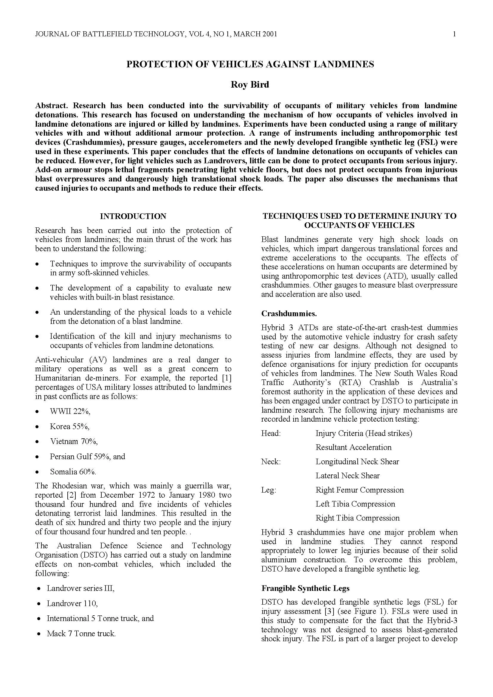 Protection of Vehicles against Landmine