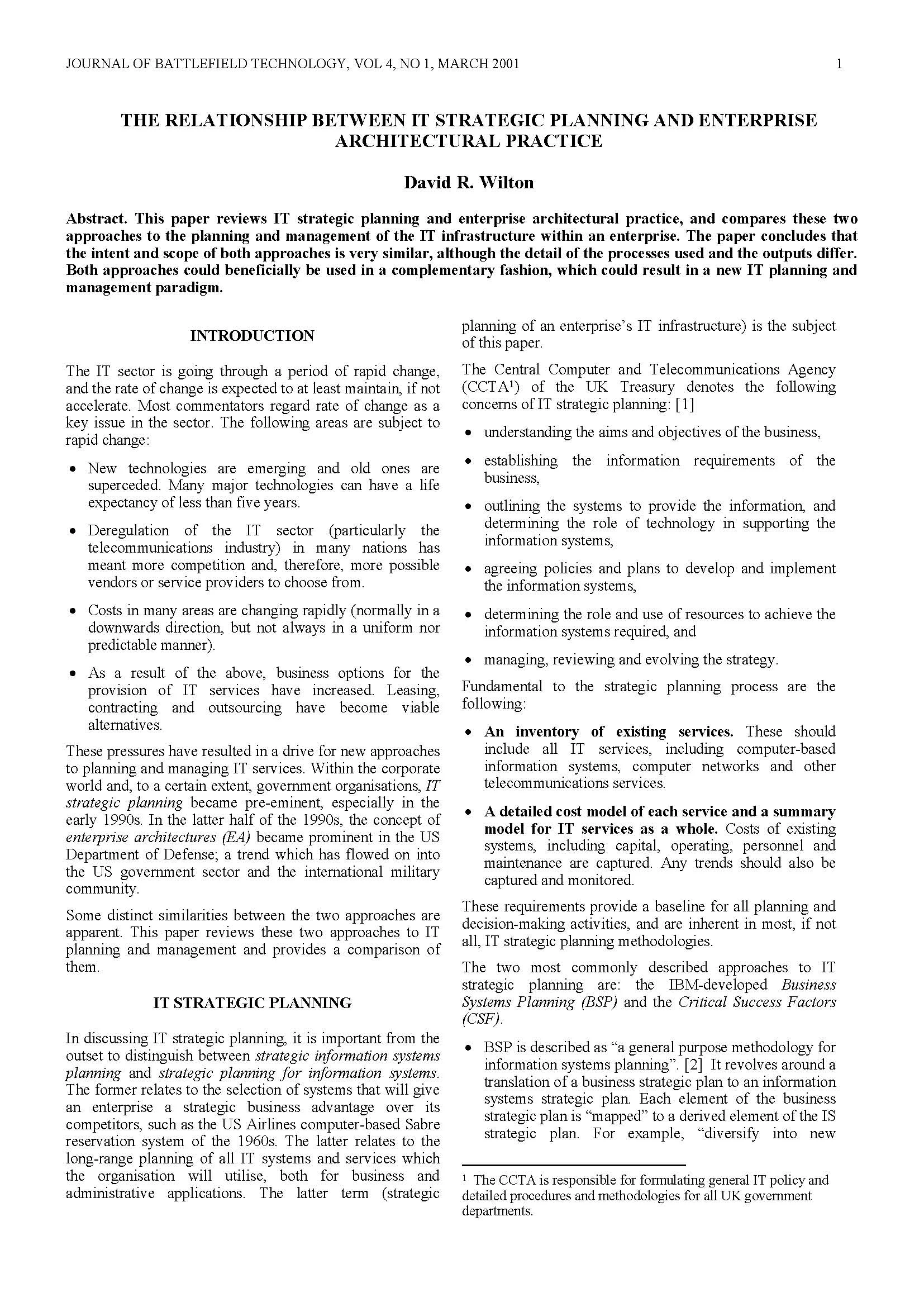 The Relationship between IT Strategic Planning and Enterprise Architectural Practice