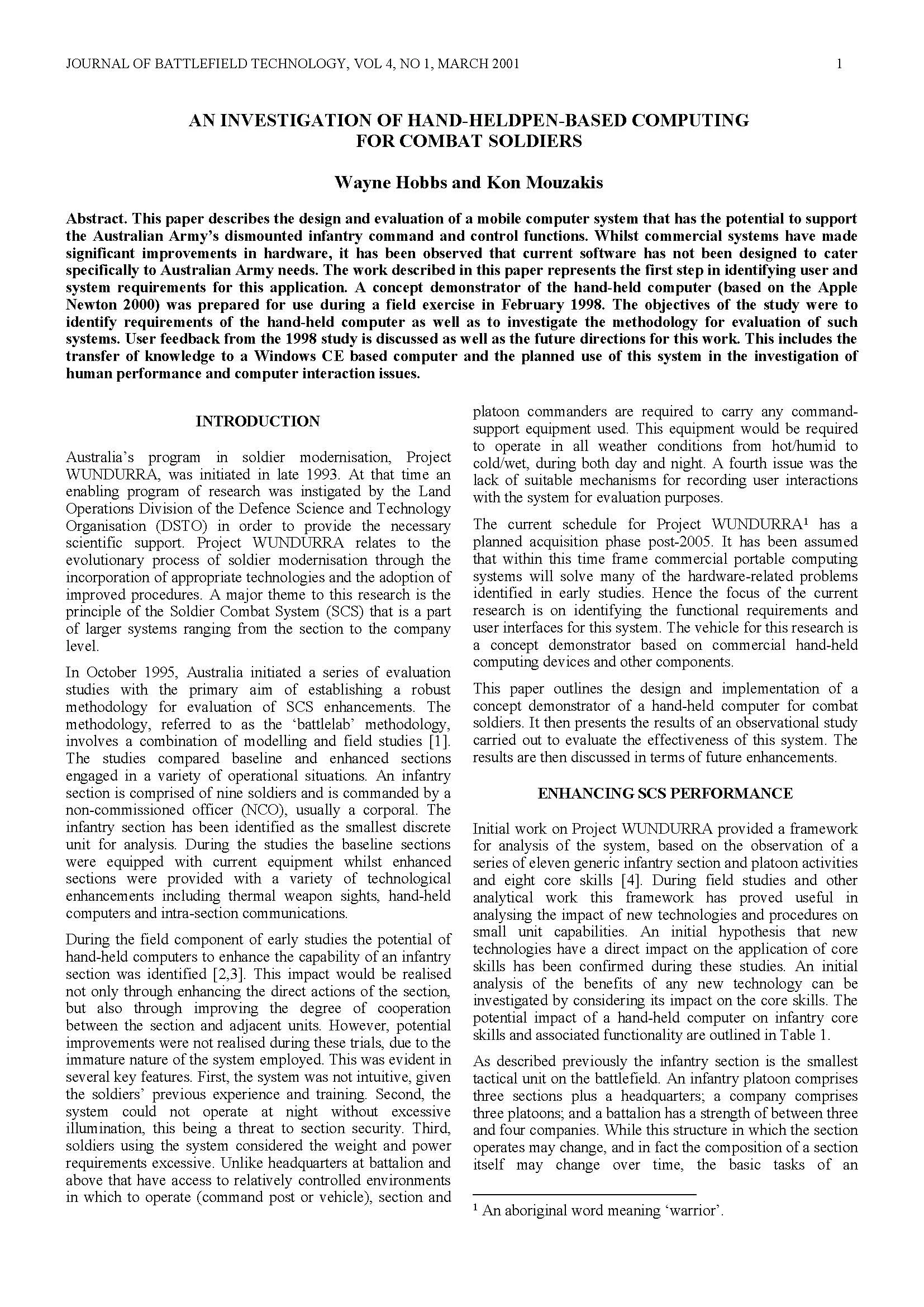 Investigation of Pen-based Hand Held Computing for Combat Soldiers
