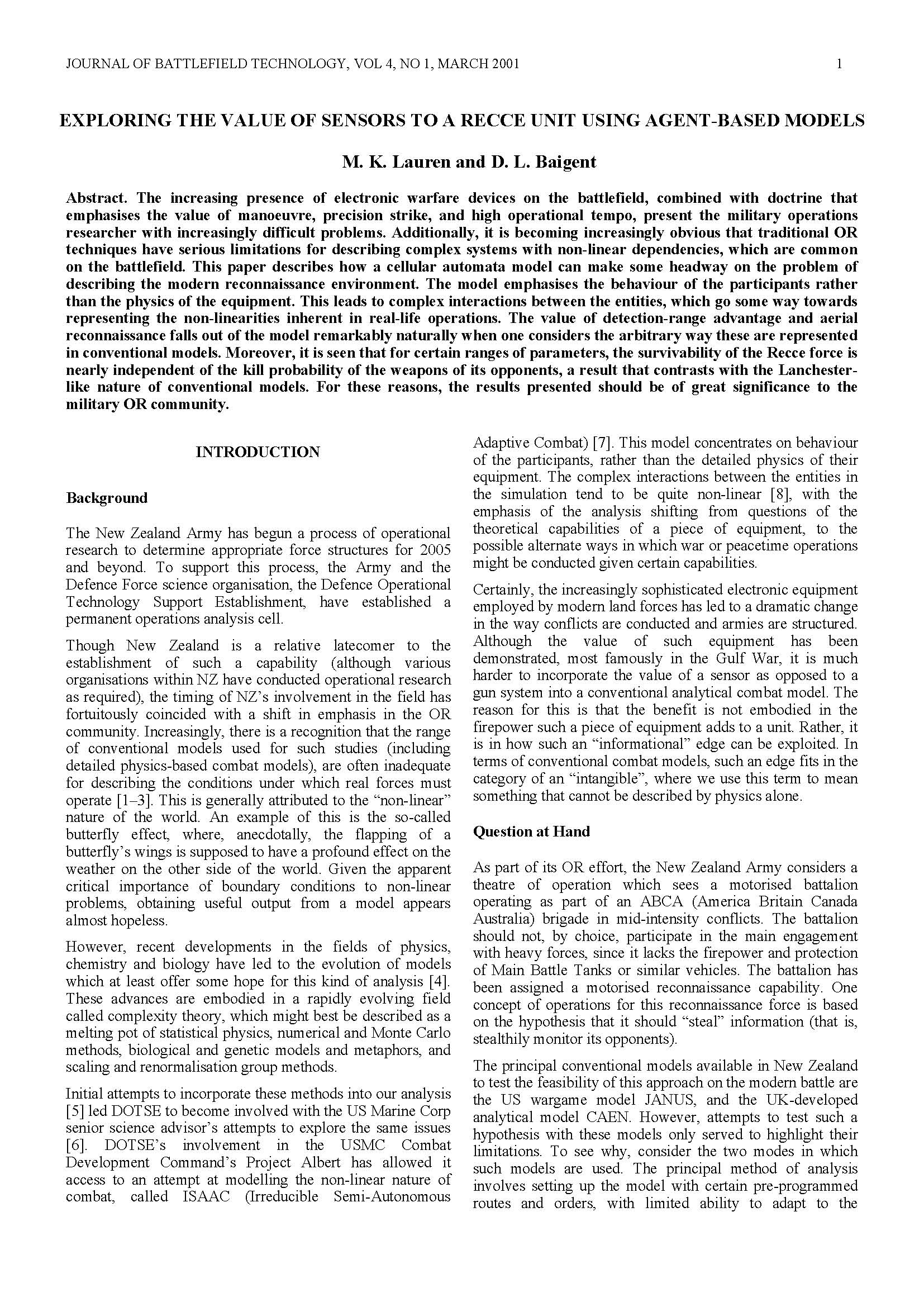 Exploring the Value of Sensors to a Recce Unit Using Agent-based Models