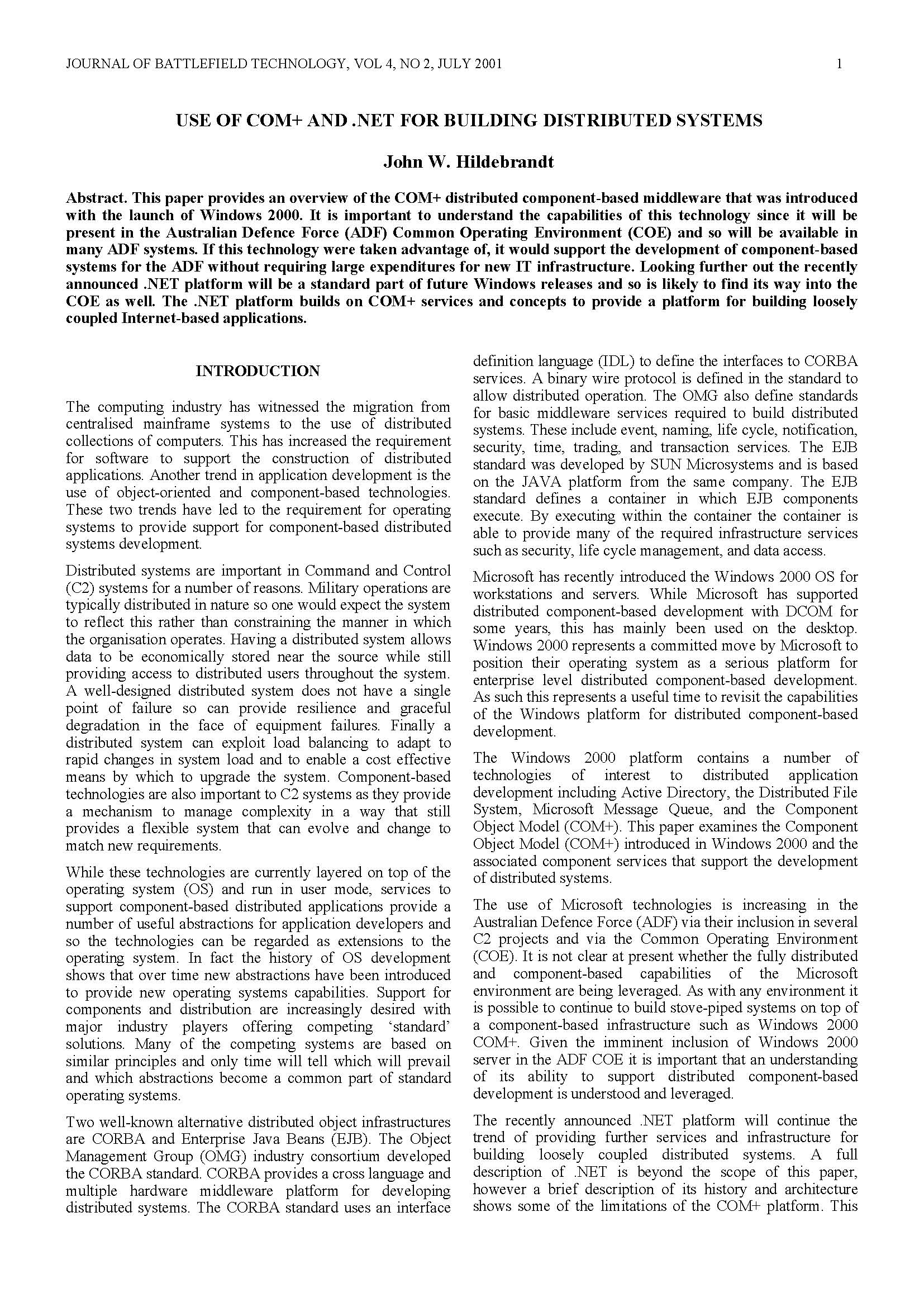 Use of COM+ and .NET for Building Distributed Systems