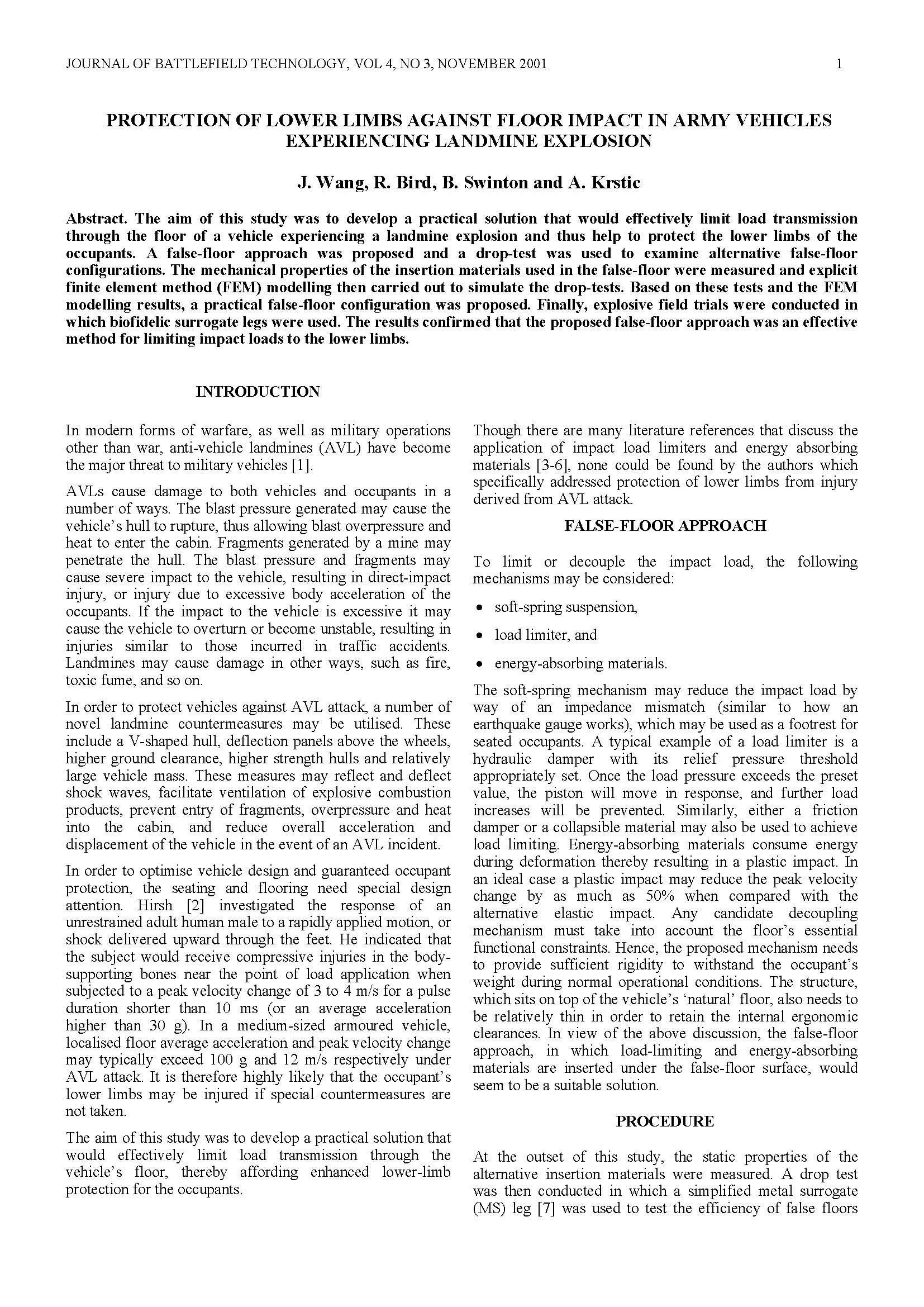 Protection of Lower Limbs against Floor Impact in Army Vehicles Experiencing Landmine Explosion