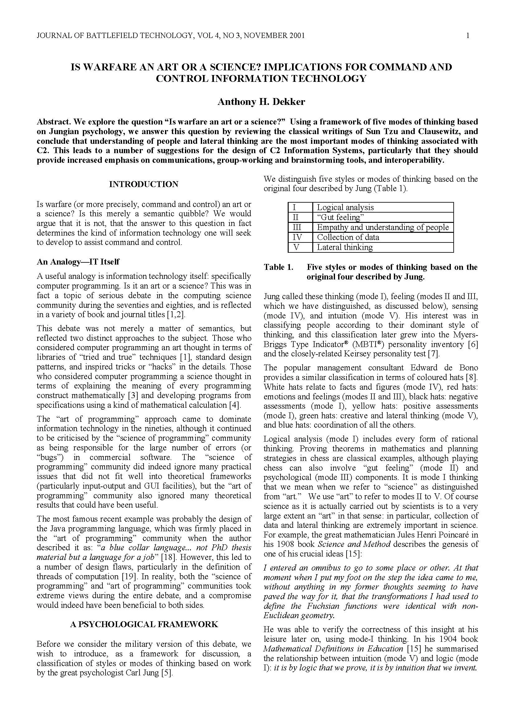 Is Warfare an Art or a Science? Implications for Command and Control Information Technology