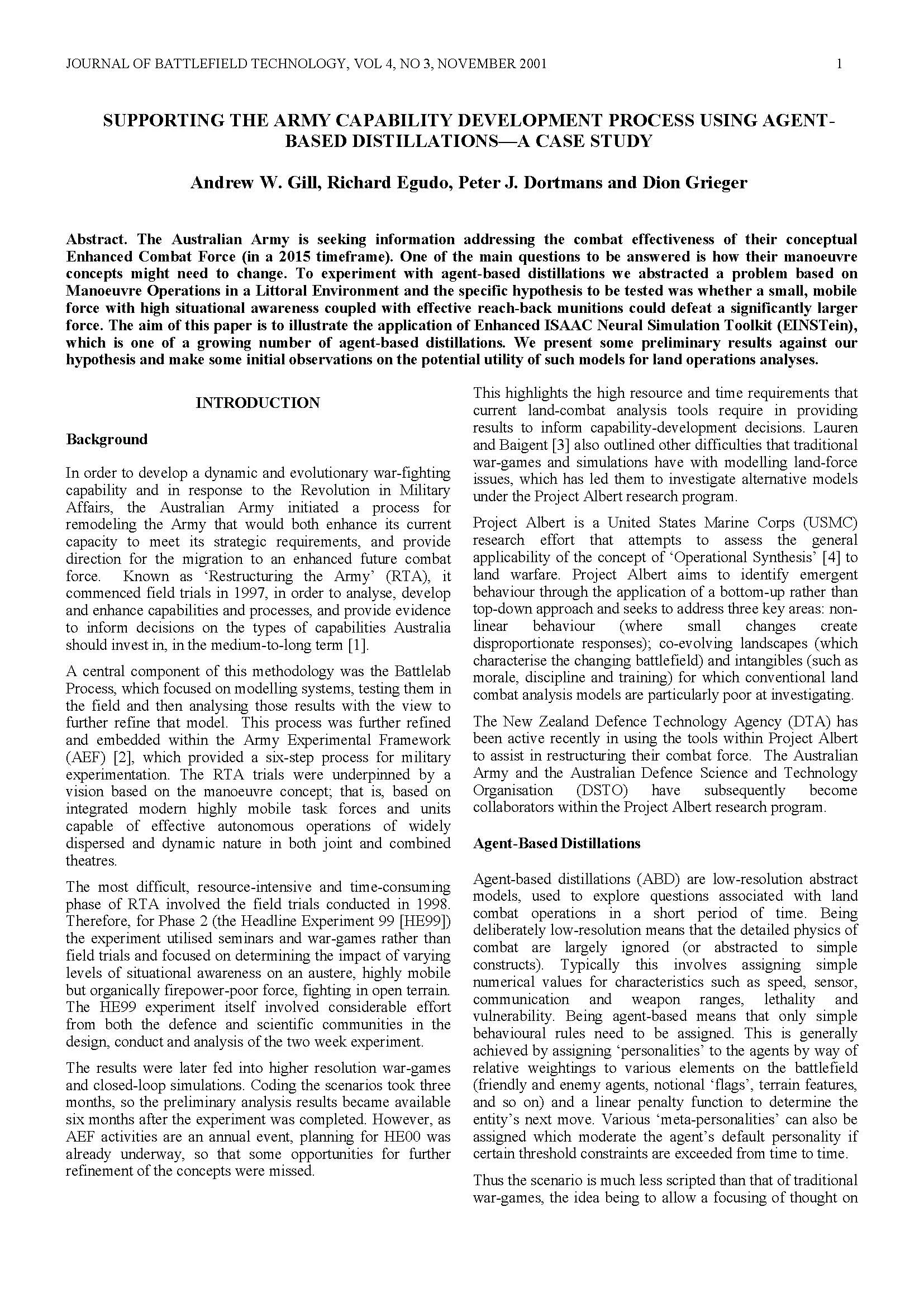 Supporting the Army Capbility Development Process Using Agent Based Disillations
