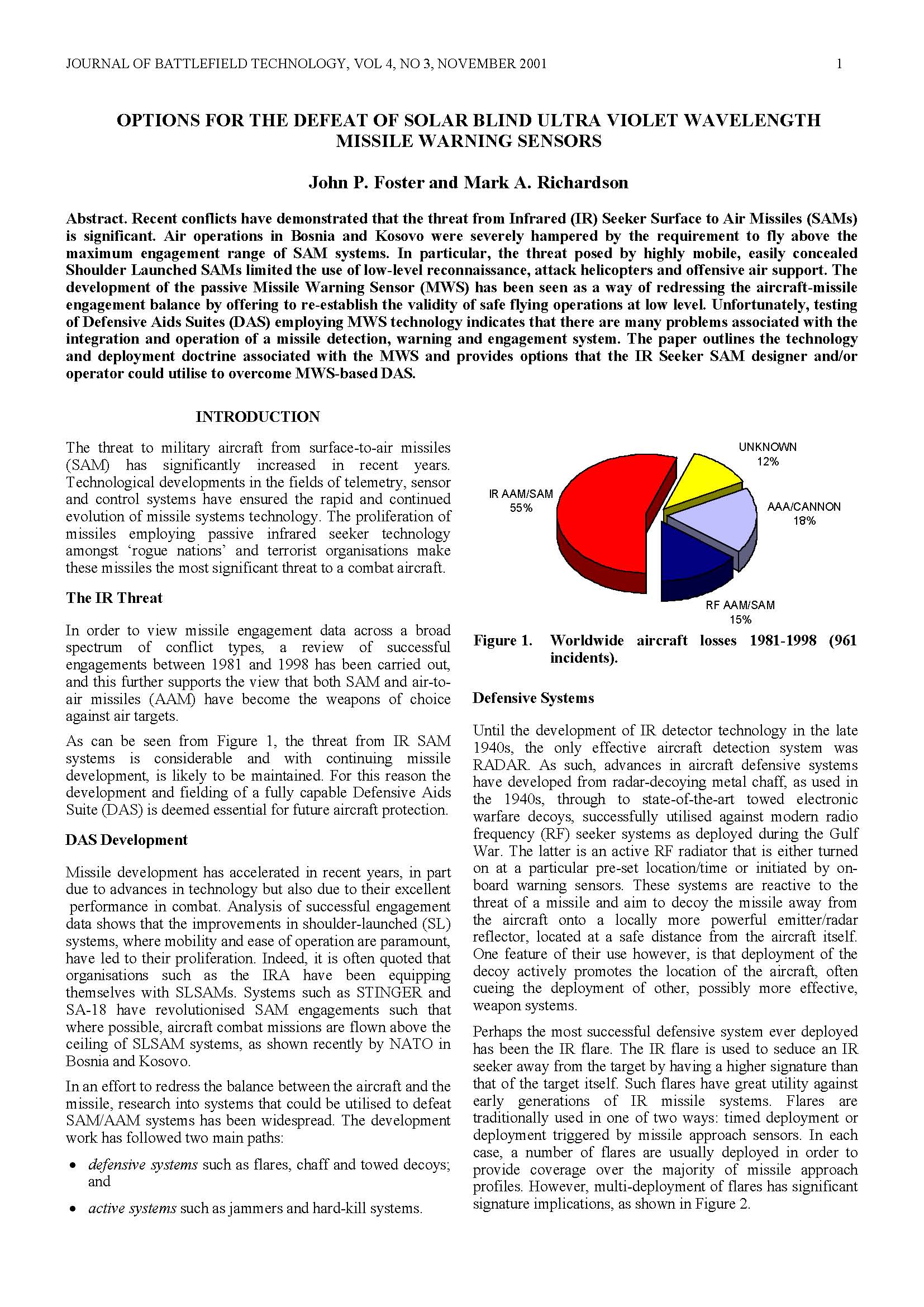 Options for the Defeat of Solar Blind Ultra Violet Wavelength Missile Warning Sensors