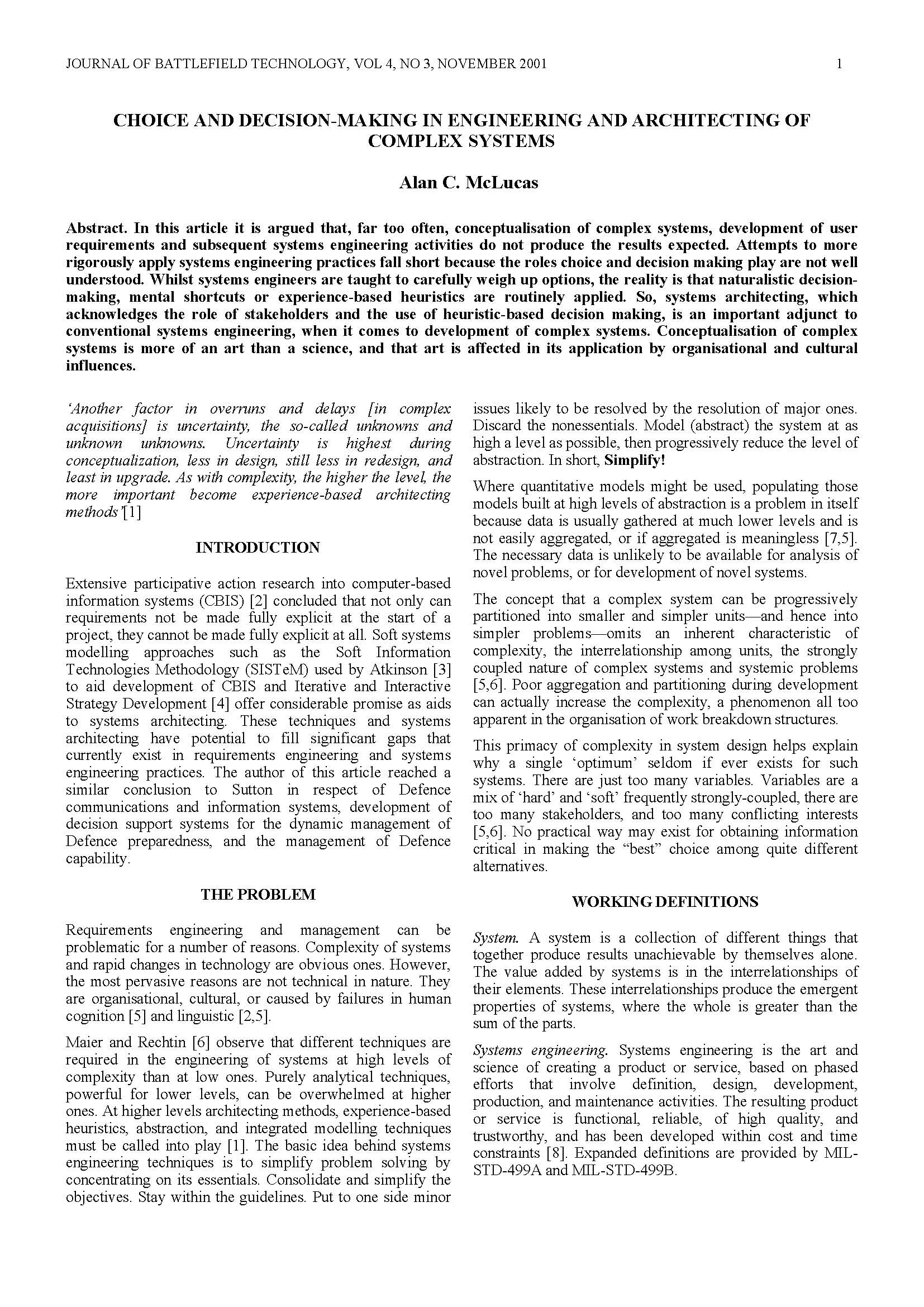 Choice and Decision-making in Engineering and Architecting of Complex Systems