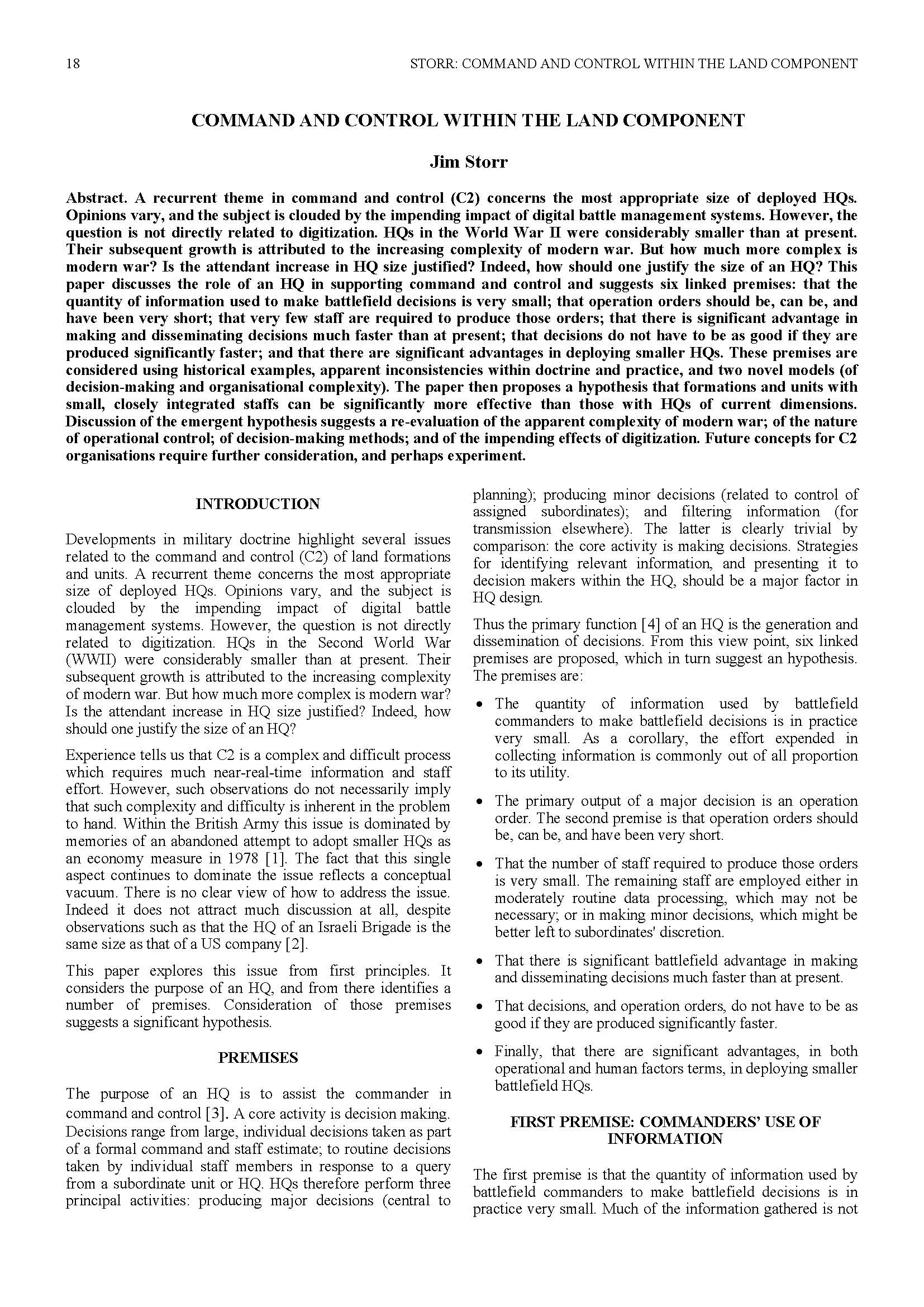 Command and Control (C2) Within the Land Component