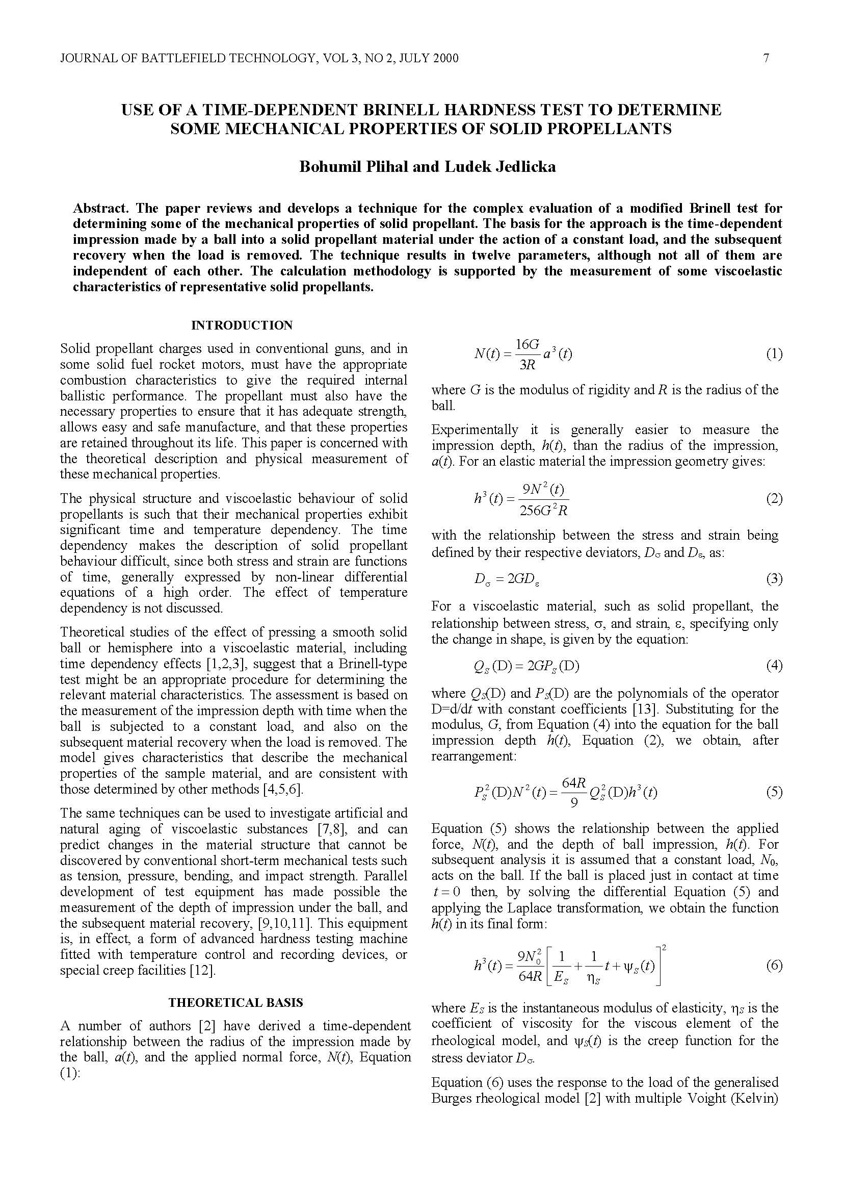 Use of a Time-dependent Brinell Hardness Test to Determine Some Mechanical Properties of Solid Propellants