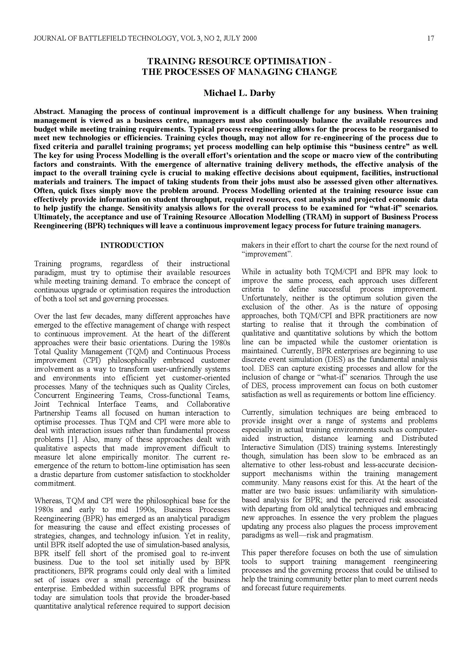 Training Resource Optimisation - The Processes of Managing Change