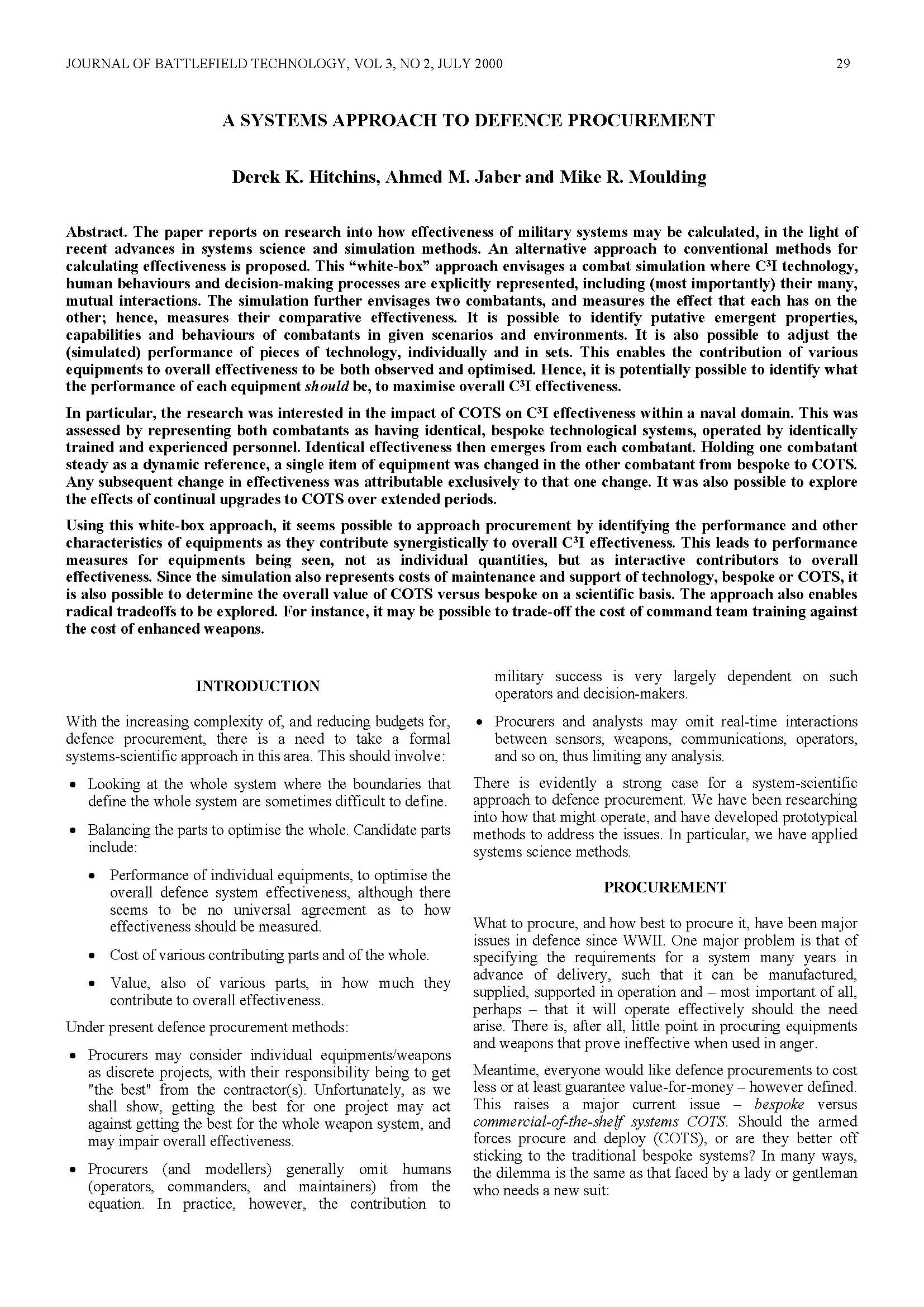 A Systems Approach to Defence Procurement