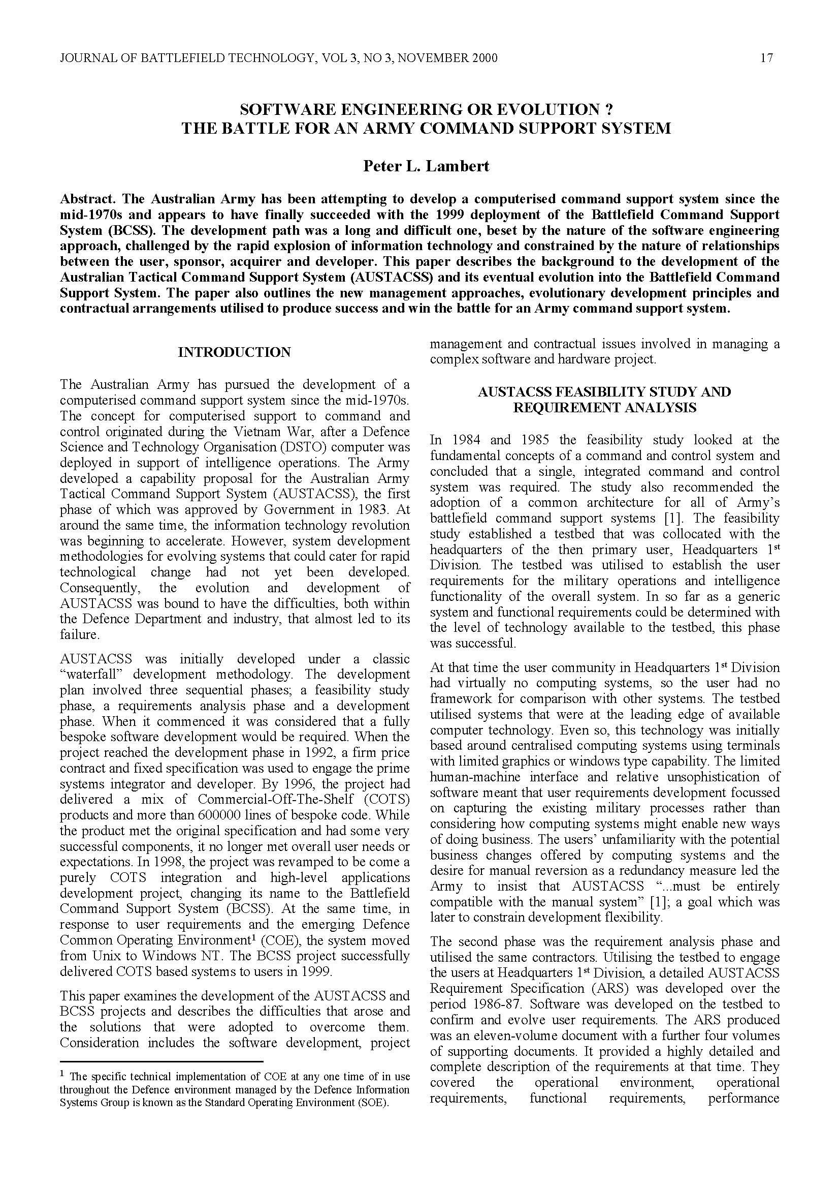 Software Engineering or Evolution? The Battle For an Army Command Support System