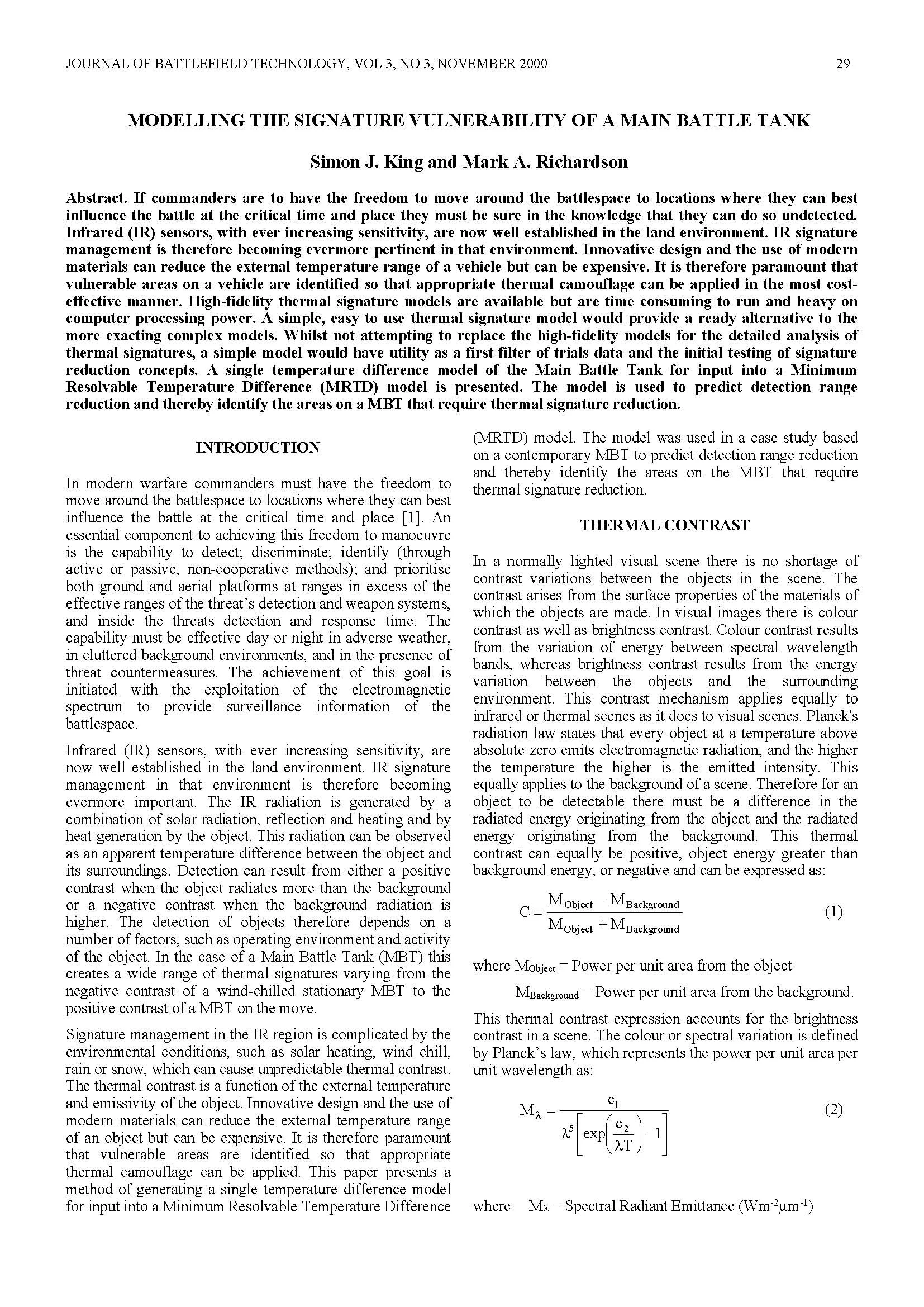 Modelling the Signature Vulnerability of a Main Battle Tank