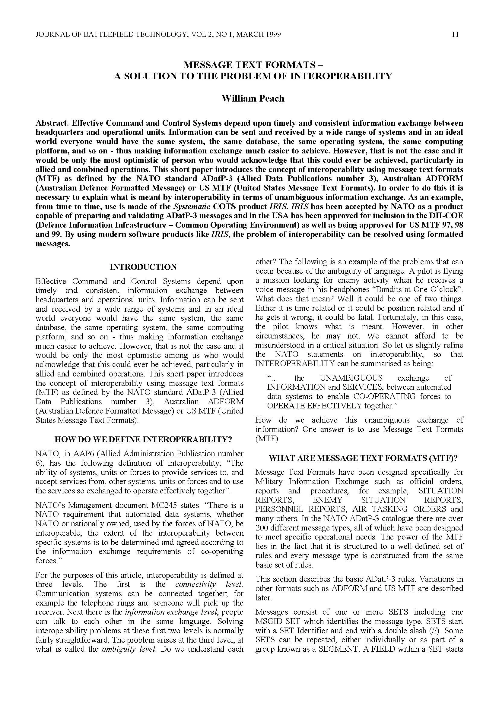 Message Text Formats - A Solution to the Problem of Interoperability